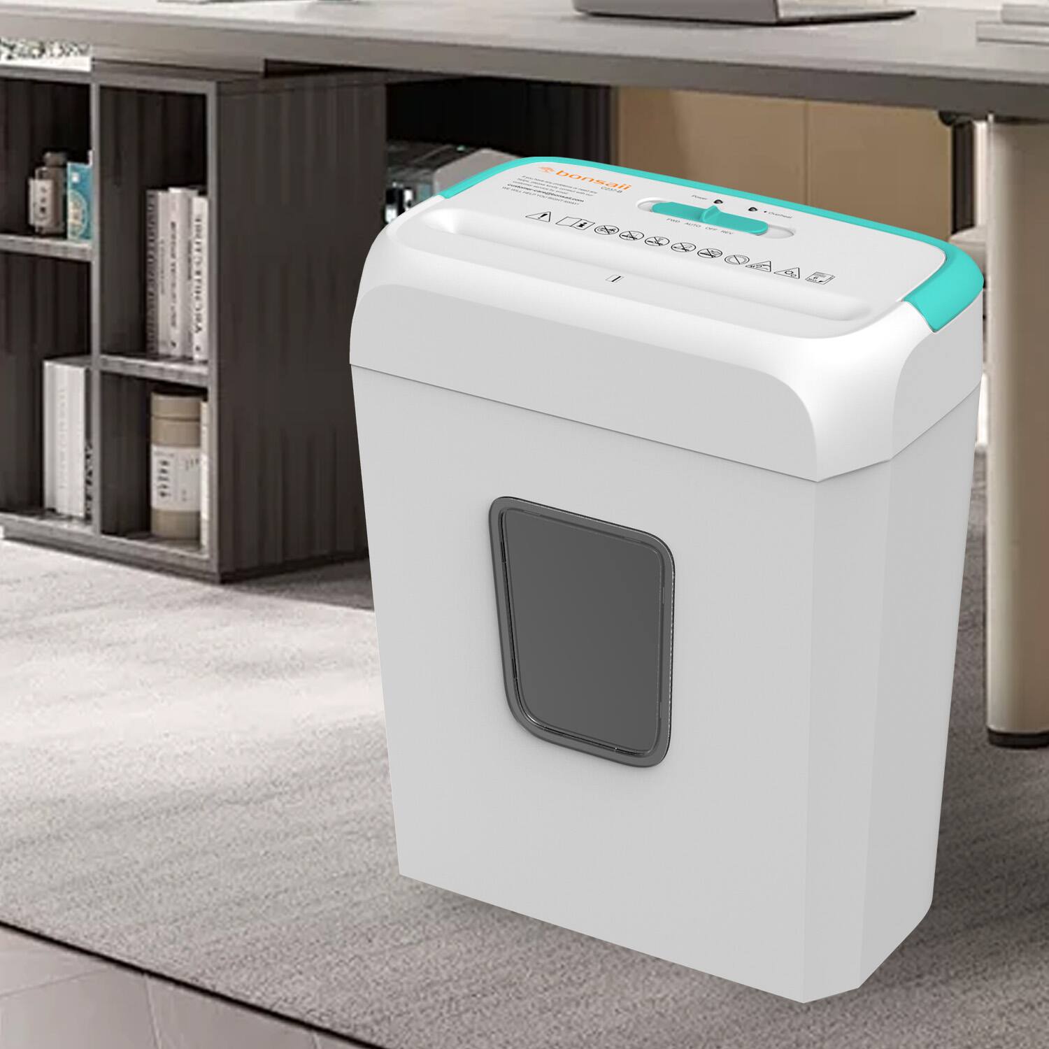 Alt View 6. Bonsaii - Secure Shredder - 6-Sheet, Cross-Cut shredding for documents, Mail, Staples, Credit Cards - 3.4-Gallon Wastebasket - White and Blue.