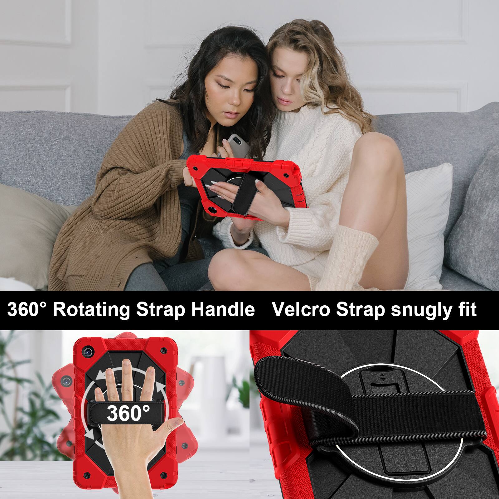 360° Rotating Strap Handle Velcro Strap snugly fit