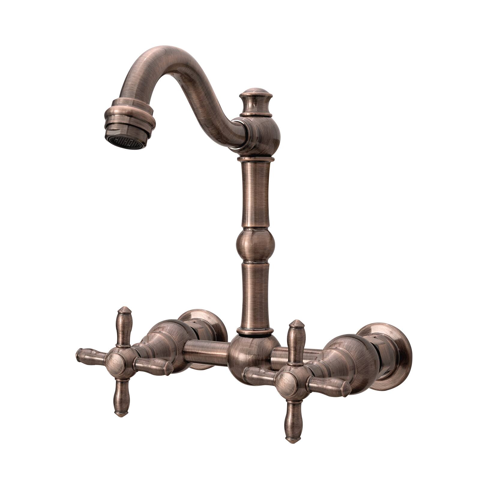 Front. Akicon - Akicon 6 inch Solid Brass Wall Mount Bathroom Faucet with 2 Cross Handles in Antique Copper - Antique Copper.