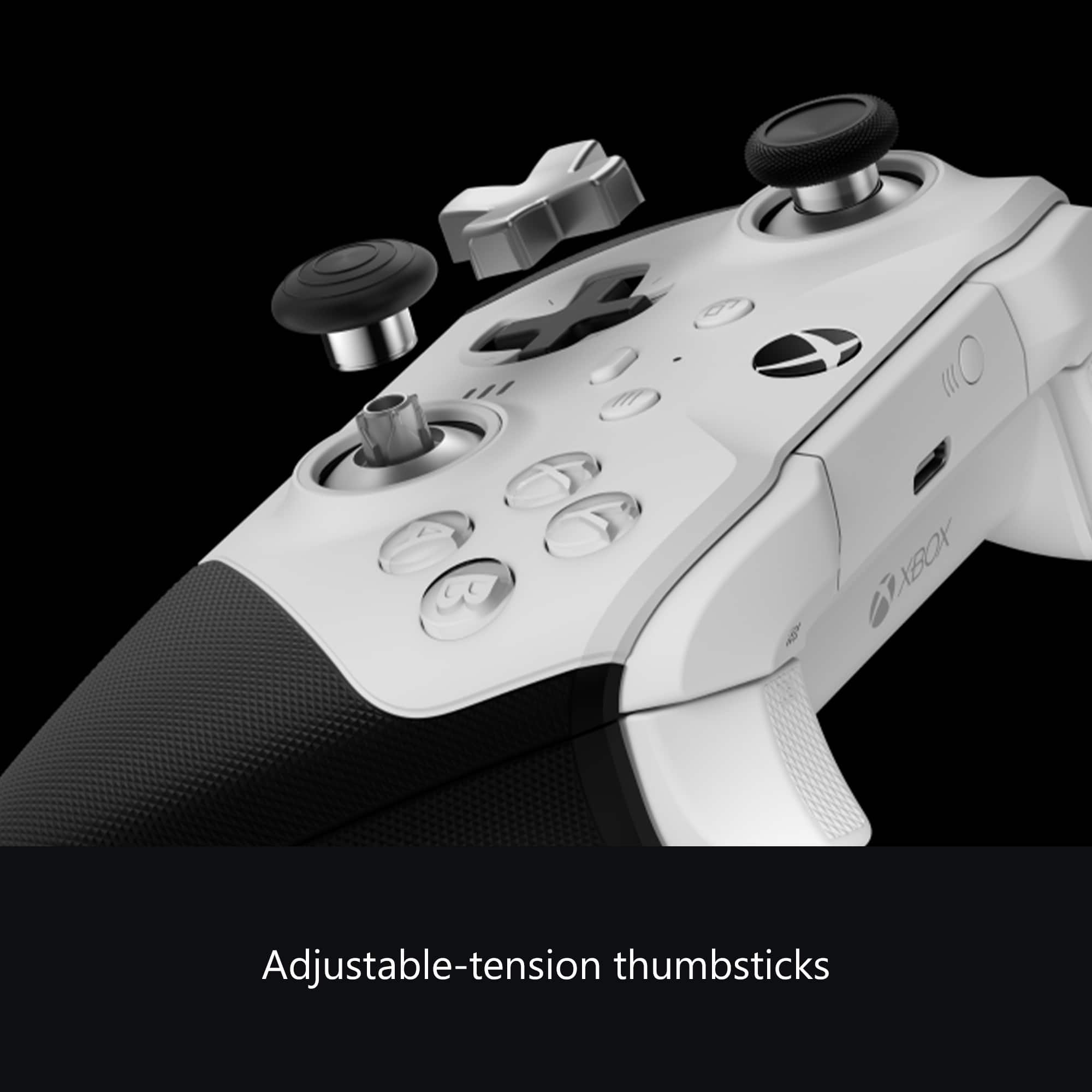 The text on the image is: "Adjustable-tension thumbsticks."