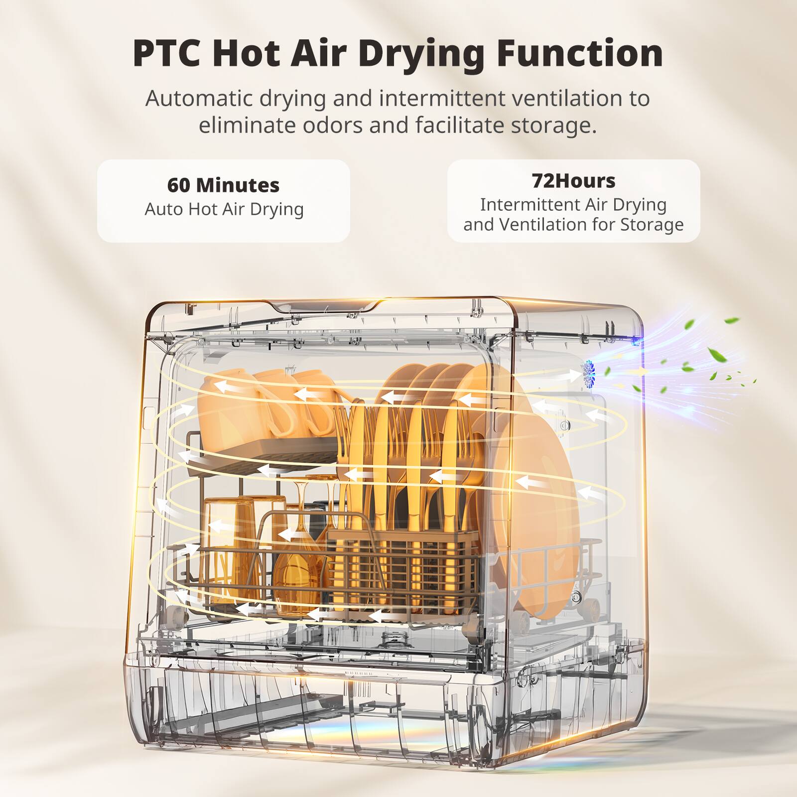 PTC Hot Air Drying Function  
Automatic drying and intermittent ventilation to eliminate odors and facilitate storage.  

60 Minutes  
Auto Hot Air Drying  

72 Hours  
Intermittent Air Drying and Ventilation for Storage