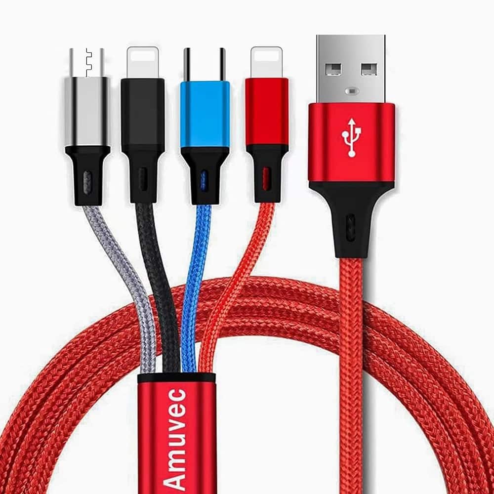 PARKER SLATER - 4 in 1 multi charging cable, 3A 4ft nylon braided fast USB cord with dual IP, Type-C, Micro USB ports, 2 pack for phones - Silver/Black/Blue/Red