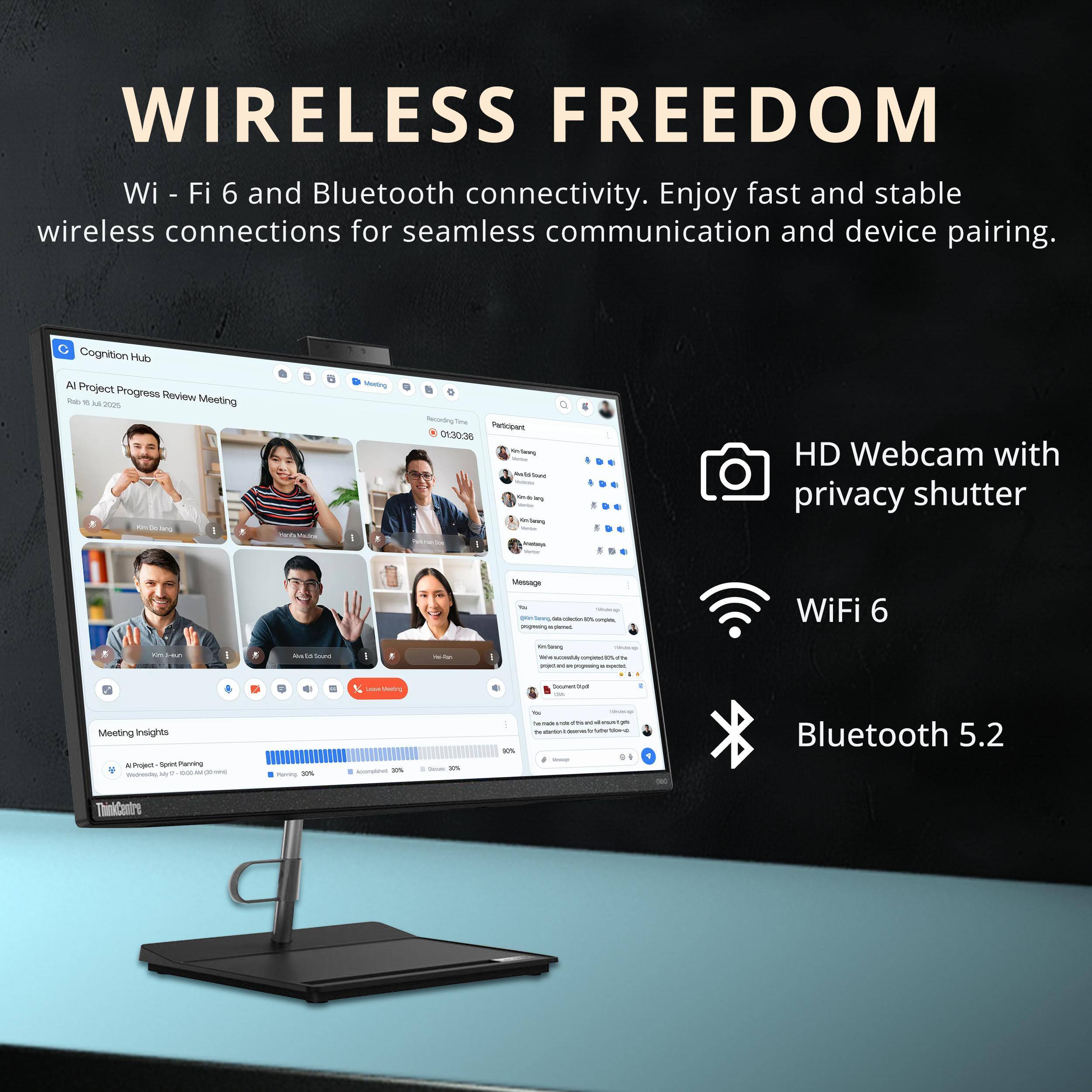**WIRELESS FREEDOM**

Wi-Fi 6 and Bluetooth connectivity. Enjoy fast and stable wireless connections for seamless communication and device pairing.

- HD Webcam with privacy shutter
- WiFi 6
- Bluetooth 5.2

Cognition Hub  
AI Project Progress Review Meeting  
Rabi 7, Jul 2023  
Recording Time: 01:30:38

Meeting Insights  
AI Project - Sprint Planning  
Progress: 30%  
Assessment: 20%  
Deadline: 2023-07-20
