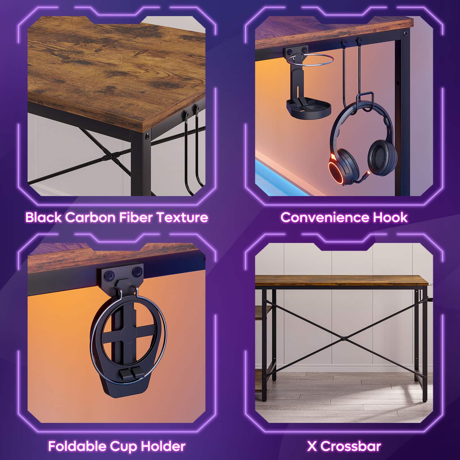 The text on the image is grouped as follows:
1. Black Carbon Fiber Texture
2. Convenience Hook
3. Foldable Cup Holder
4. X Crossbar