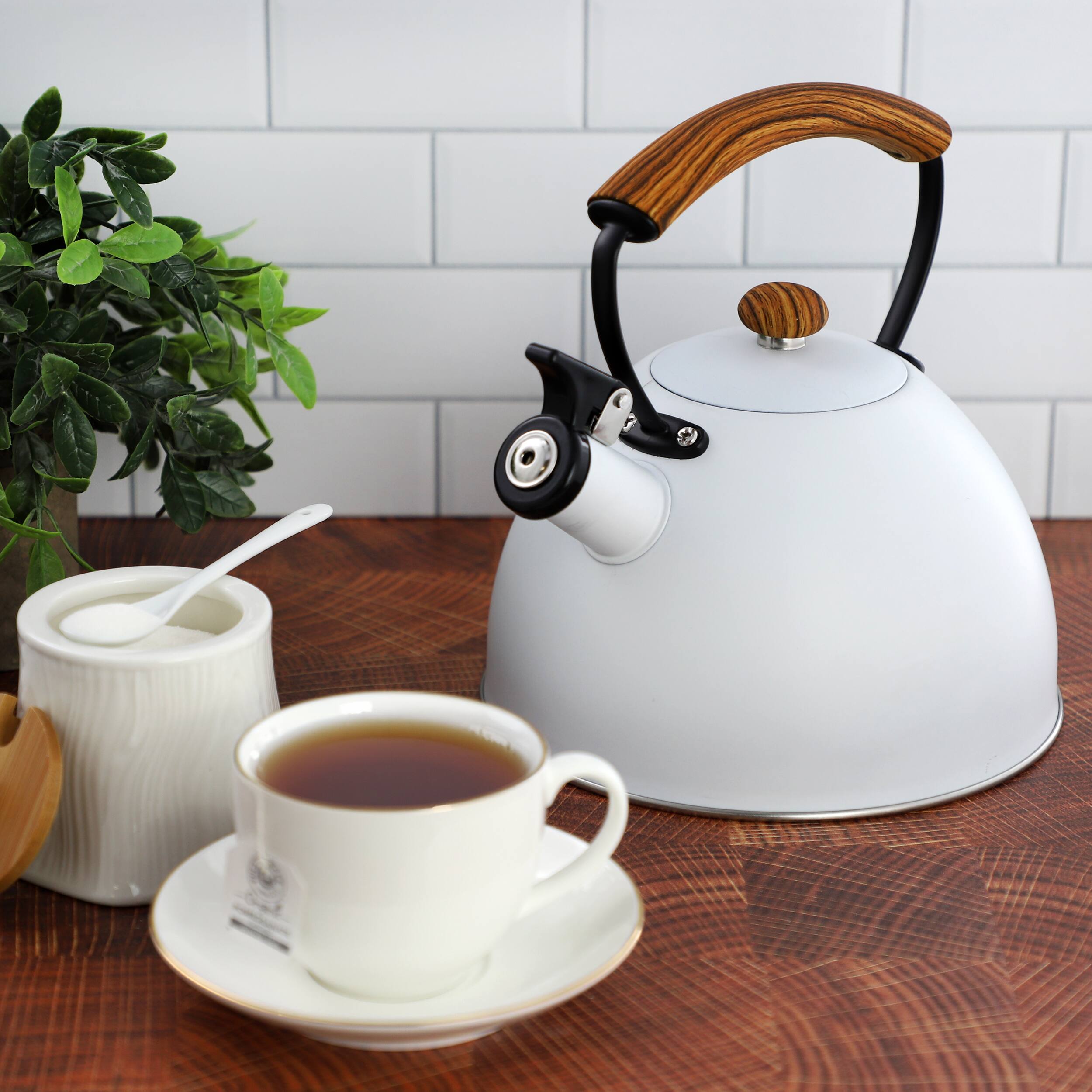 Alt View 3. MegaChef - MegaChef 3.2 Quart Whistling Tea Kettle with Wood Grain Nylon Cool Touch Handle, Matte White - White.