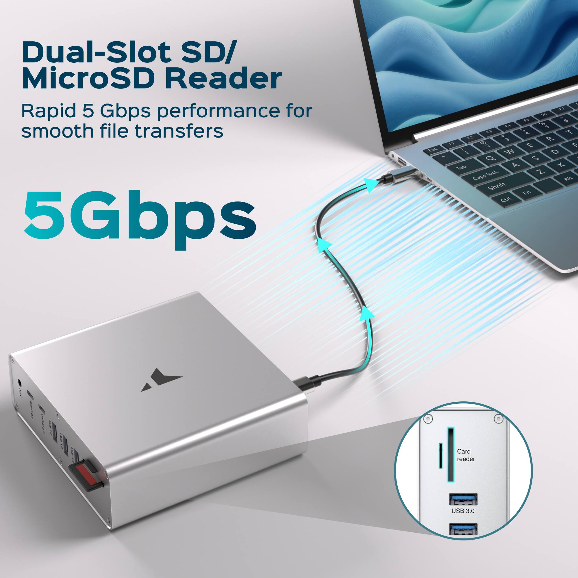 Dual-Slot SD/ MicroSD Reader  
Rapid 5 Gbps performance for smooth file transfers  
5Gbps  
Card reader USB 3.0