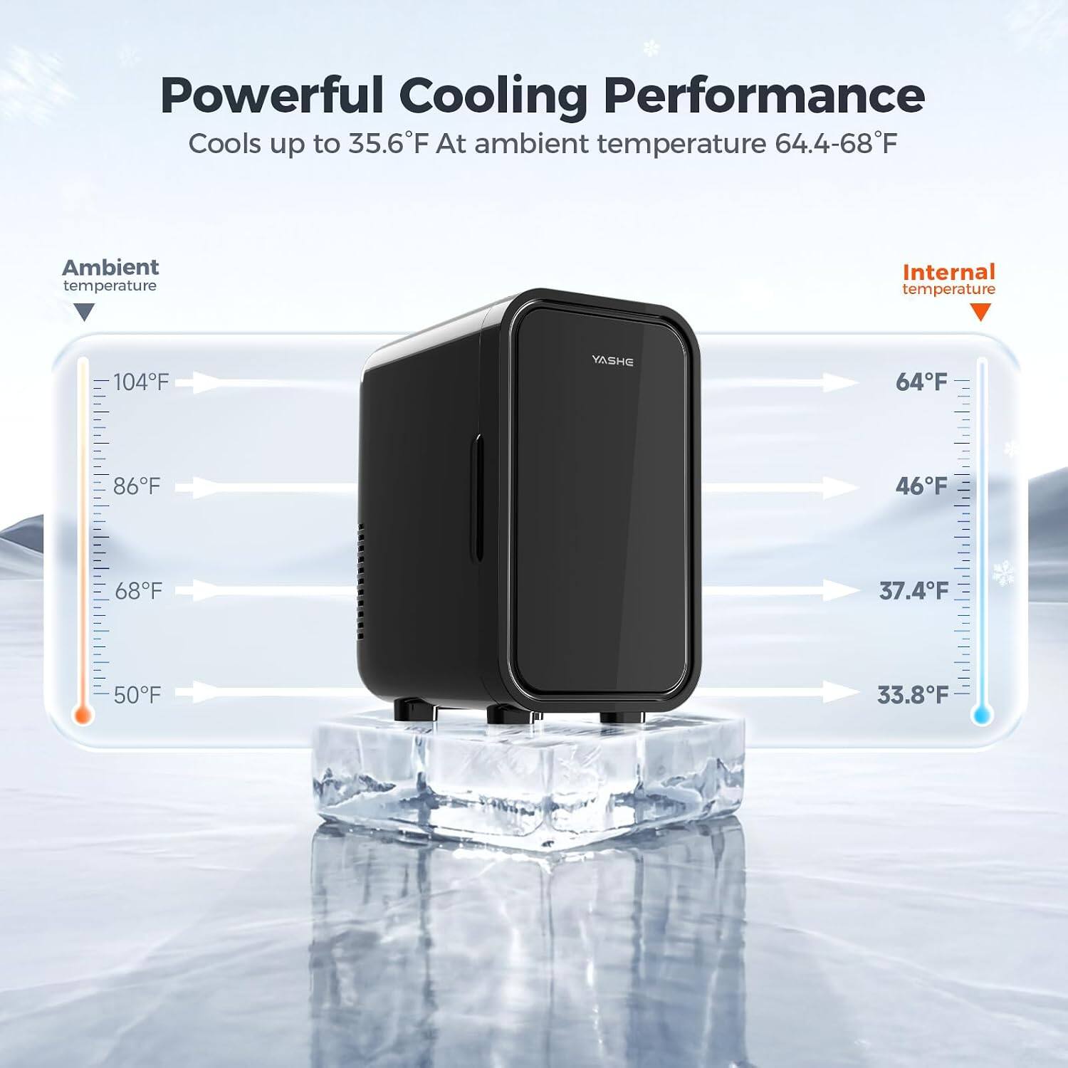 Powerful Cooling Performance  
Cools up to 35.6°F At ambient temperature 64.4-68°F  

Ambient temperature  
104°F  
86°F  
68°F  
50°F  

Internal temperature  
64°F  
46°F  
37.4°F  
33.8°F