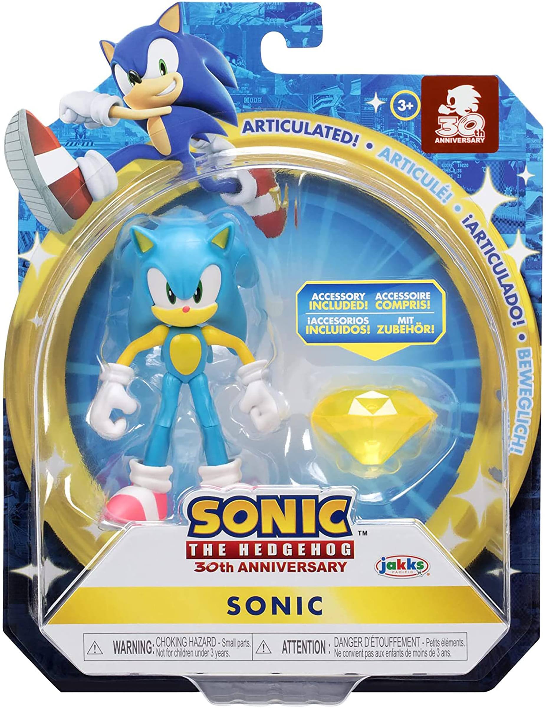 **Sonic the Hedgehog 30th Anniversary**

- **Articulado!** (Spanish)
- **Articulé!** (French)
- **Articulado!** (Portuguese)
- **Beeweglich!** (German)
- **Zubehör!** (German)

**Accessory Included!**
- **Accessoire Compris!** (French)
- **Accesorios Incluidos!** (Spanish)
- **Zubehör!** (German)

**Warning: Choking Hazard - Small parts. Not for children under 3 years.**
- **Attention: Danger d'étouffement - Petits éléments. Ne convient pas aux enfants de moins de 3 ans.**

**3+**

**Jakks Pacific**