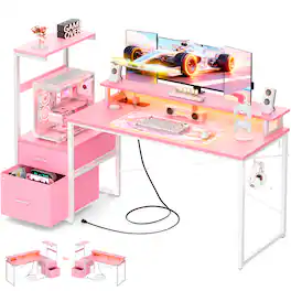 Aheaplus - Gaming Desk with LED Lights and Power Outlets, 59'' Reversible Computer Desk with Drawers & Monitor Stand - Pink