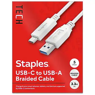 Device Tech Staples Staples TECH USB C to USB A Charging Cable, 3.3 ft., White White ...