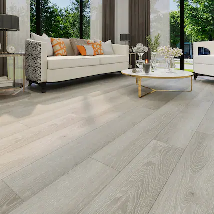 Front. Dotfloor - Superoak Lite Laminate Flooring - 48"x7.7" Planks, 10 Planks/Box (25.6 sq ft/Box), 9.5mm Thick, AC4 Wear Rating - White Ivory.