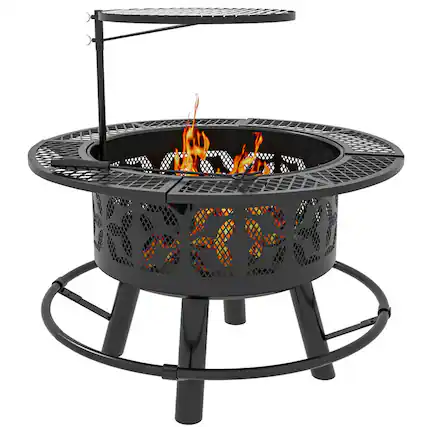 Front. HTUTWOO - 2-in-1 Fire Pit & BBQ Grill - 33" Portable Wood Burning Firepit with Adjustable Cooking Grate, Pan and Poker.