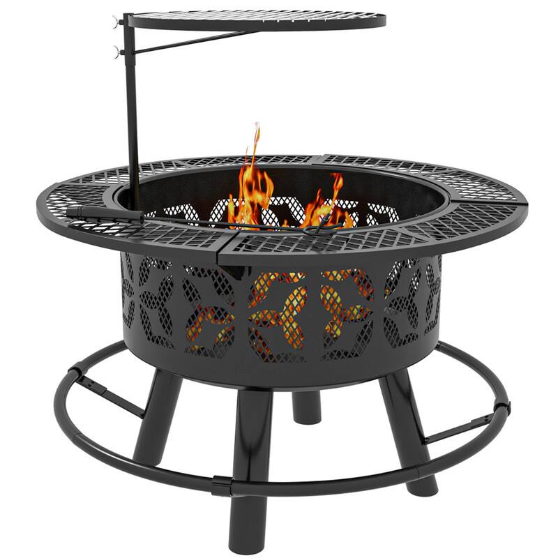Front. HTUTWOO - 2-in-1 Fire Pit & BBQ Grill - 33" Portable Wood Burning Firepit with Adjustable Cooking Grate, Pan and Poker.