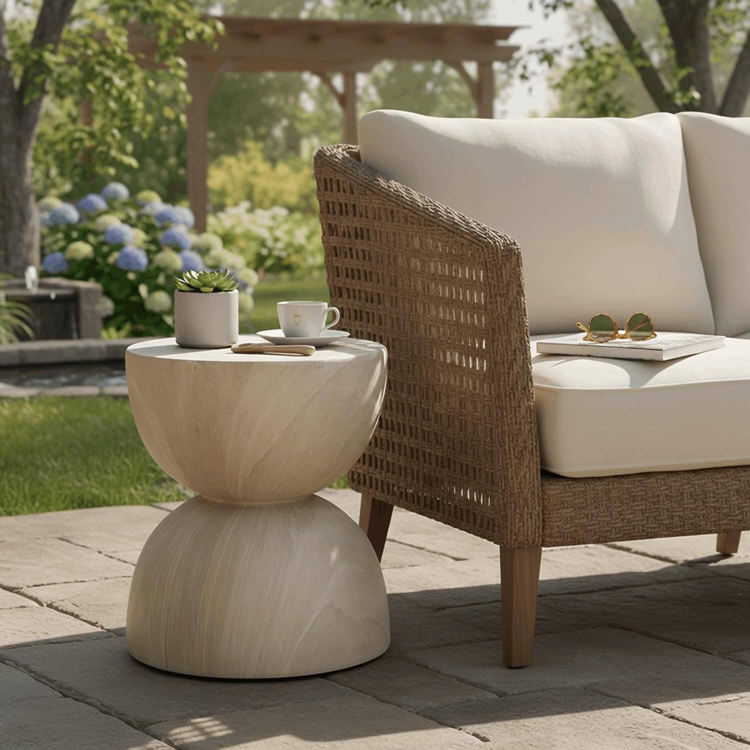 Left. LeisureMod - Sage Fiberstone Half Round Side Table, Weather Resistant Indoor/Outdoor Accent Table & Stool, Fully Assembled - Stone Marble.