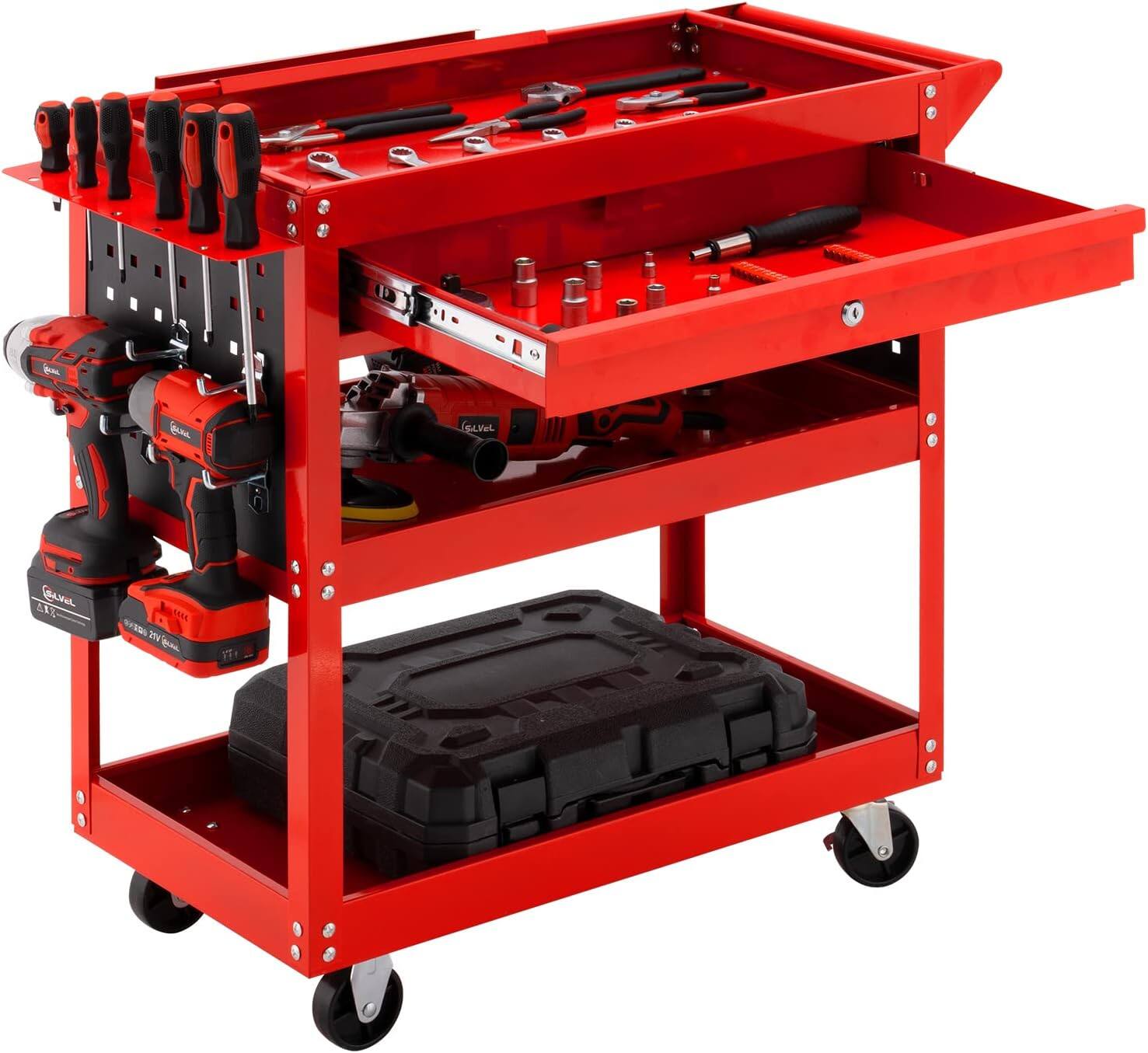 Silvel - 3 Tier Rolling Tool Cart, 330 LBS Capacity Heavy Duty Utility Cart, Industrial Commercial Service Tool Cart with Wheels - Red