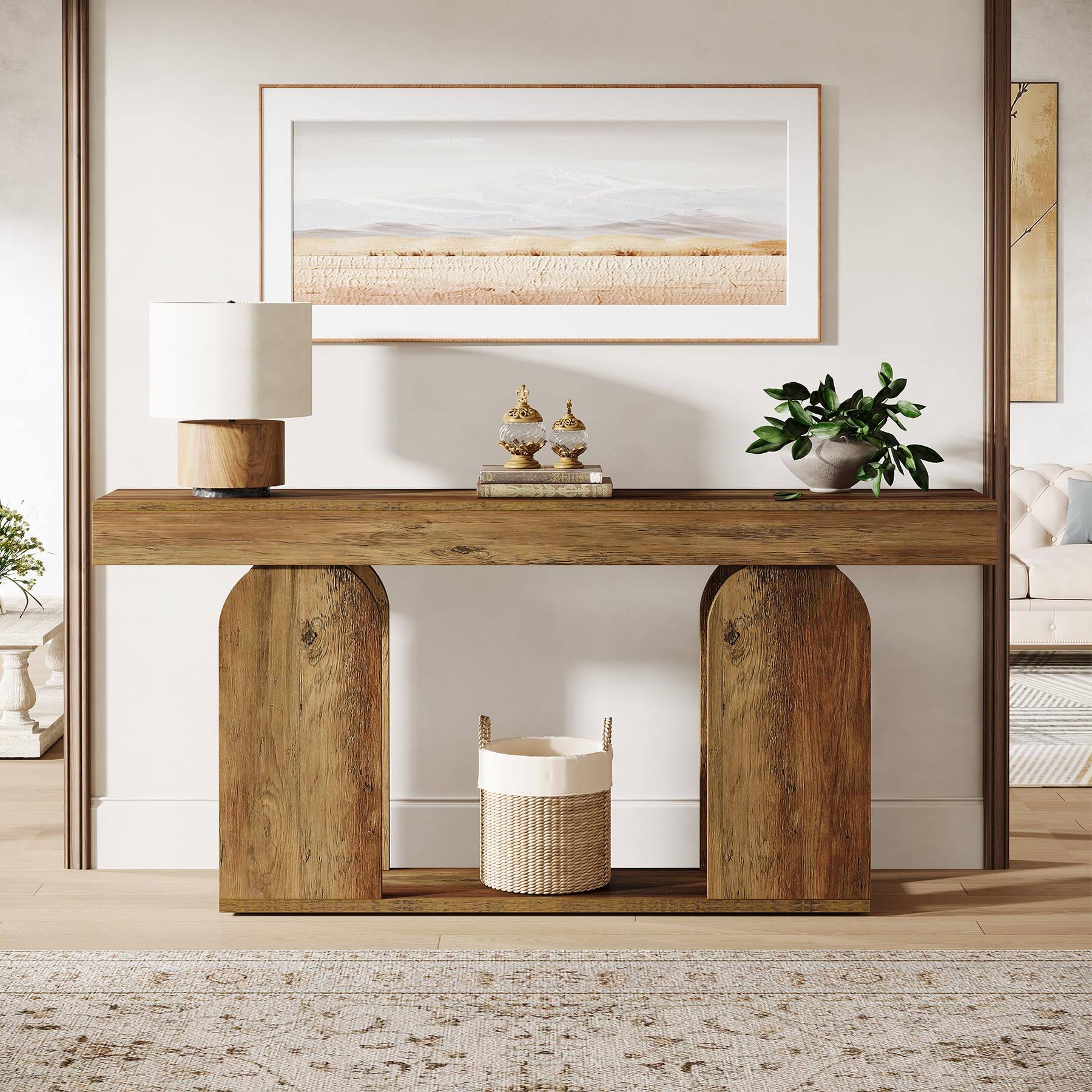 Back. Tribesigns - 70.9-Inch Extra Long Farmhouse Console Table, 2-Tier Wooden Entryway Console with Storage Shelf, Sofa Table Behind Couch - Vintage Brown.