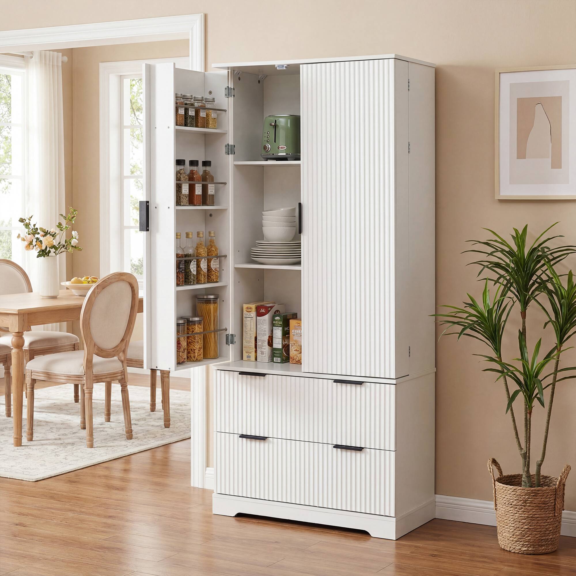 Back. Loheer - Loheer Kitchen Pantry Cabinet, 72 Inch Modern Fluted White Storage Cabinet with Doors, Drawers and Spice Rack - White.