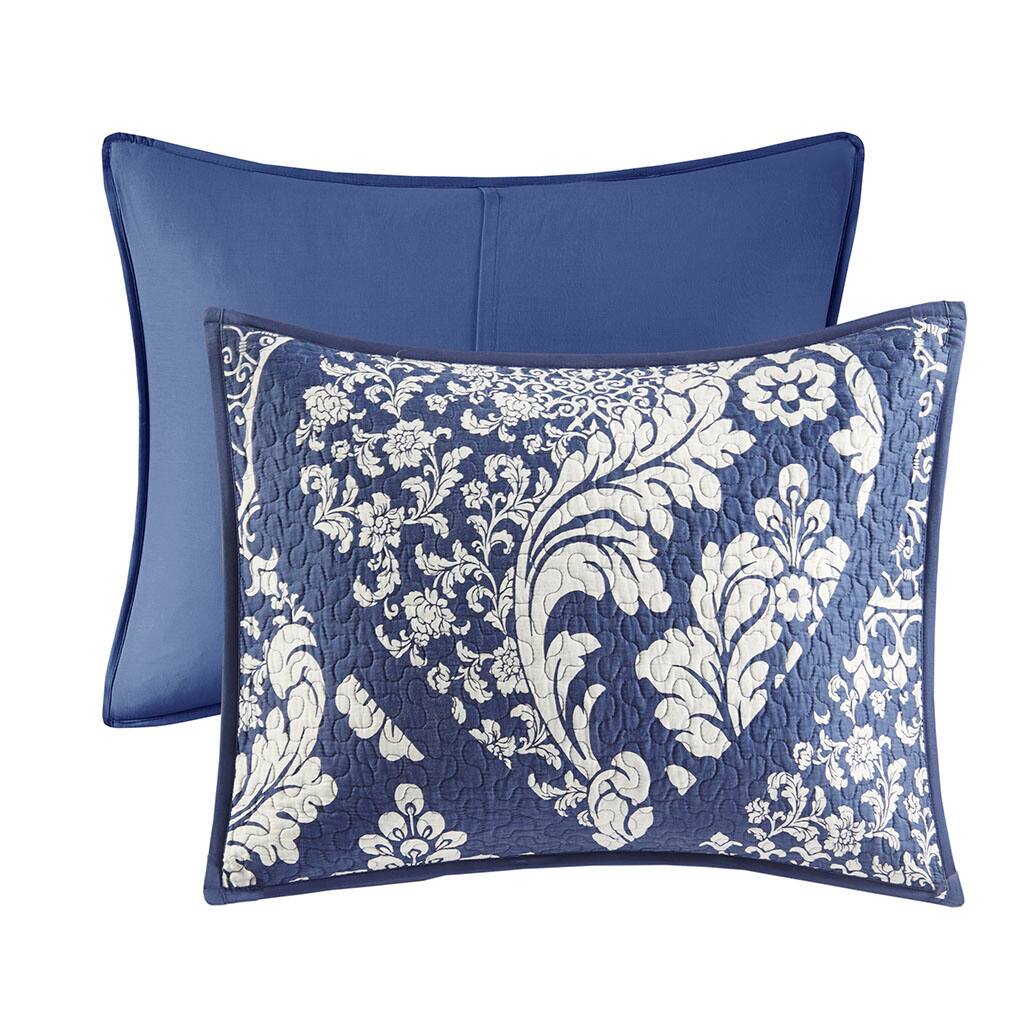 Alt View 1. Gracie Mills - Gracie Mills Muriel 6 Piece Damask Printed Cotton Quilt Set with Throw Pillows - Indigo.