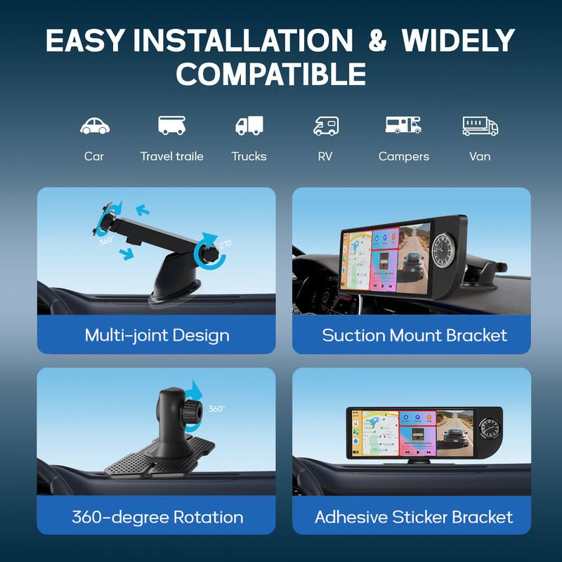 EASY INSTALLATION & WIDELY COMPATIBLE

Car Travel Trailer Trucks RV Campers Van

Multi-joint Design

Suction Mount Bracket

360-degree Rotation

Adhesive Sticker Bracket
