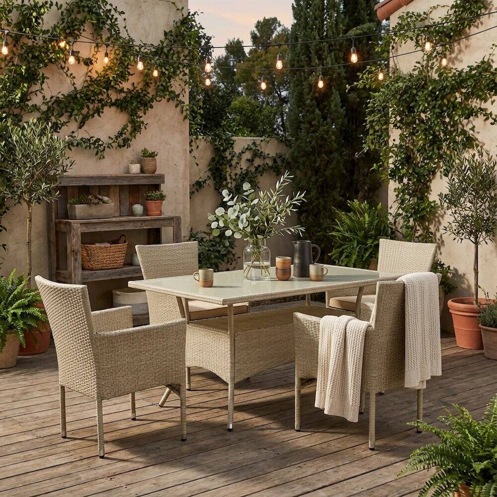 Alt View 3. Outdoor Escape - Linen Wicker Patio Set with Dining Table and 4 Outdoor Chairs - Brown.
