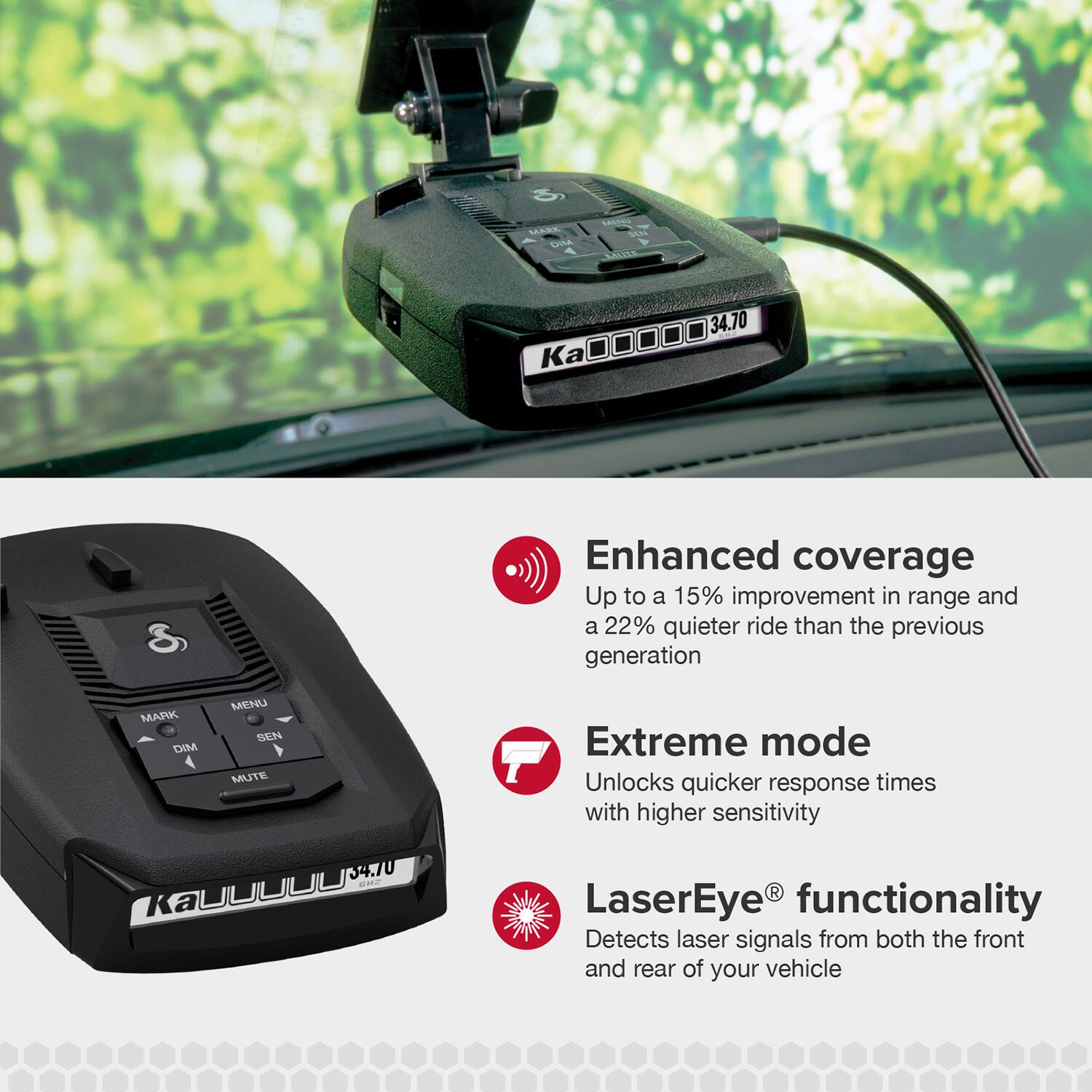 UAE La CN SENC LISE K 34.70 S

Enhanced coverage
Up to a 15% improvement in range and a 22% quieter ride than the previous generation

MENU MARK SEN DIM MUTE 34.70

Extreme mode
Unlocks quicker response times with higher sensitivity

LaserEye® functionality
Detects laser signals from both the front and rear of your vehicle