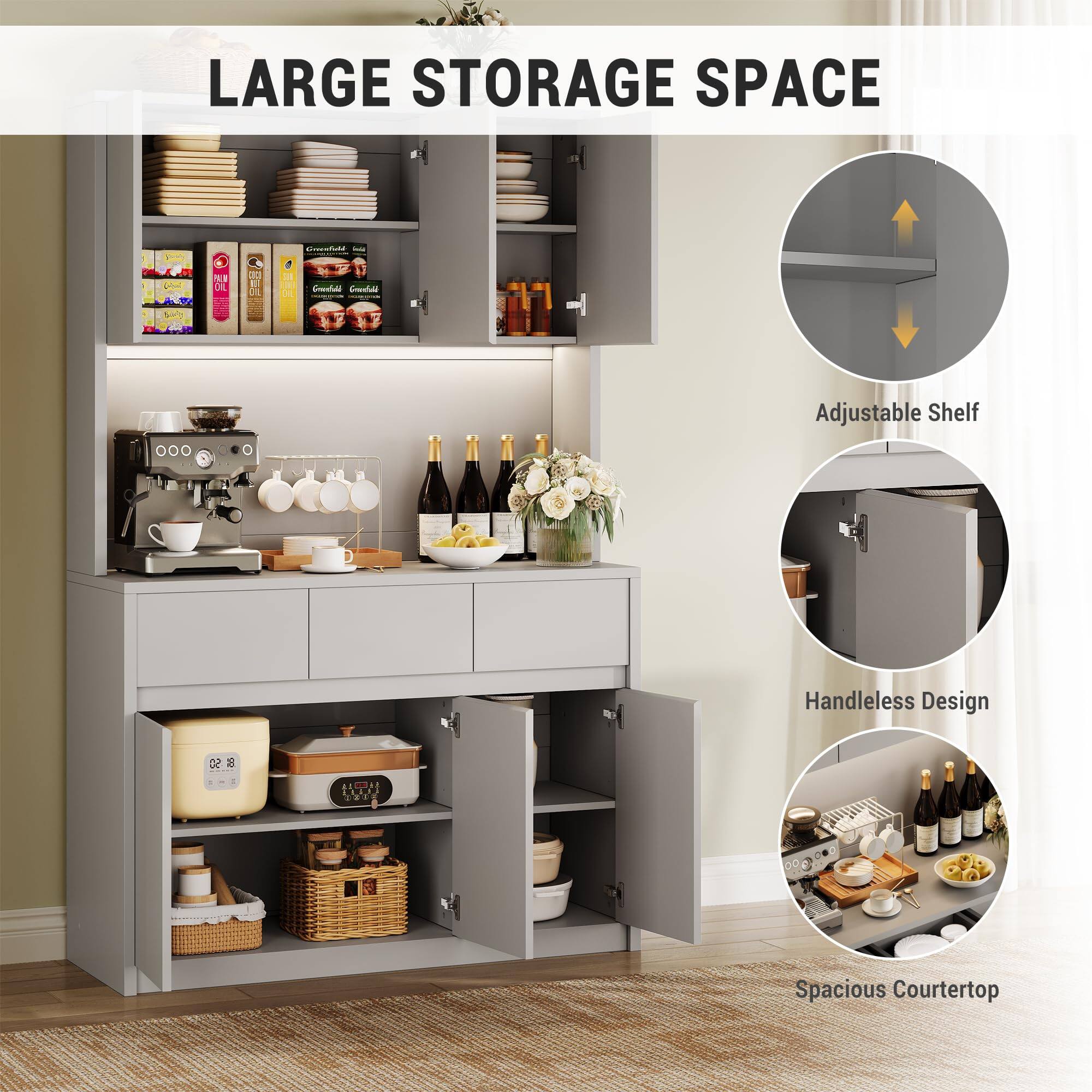 LARGE STORAGE SPACE

- Adjustable Shelf
- Handleless Design
- Spacious Courtertop