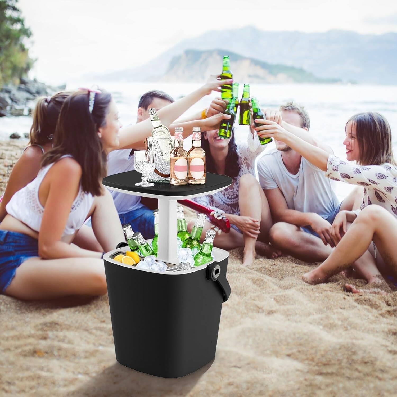 Alt View 2. Yardgrace - Outdoor Cooler Side Table, Drink Cooler Bar, Portable Ice Bucket, Lift Top  Lid Cool with Handle - Black.
