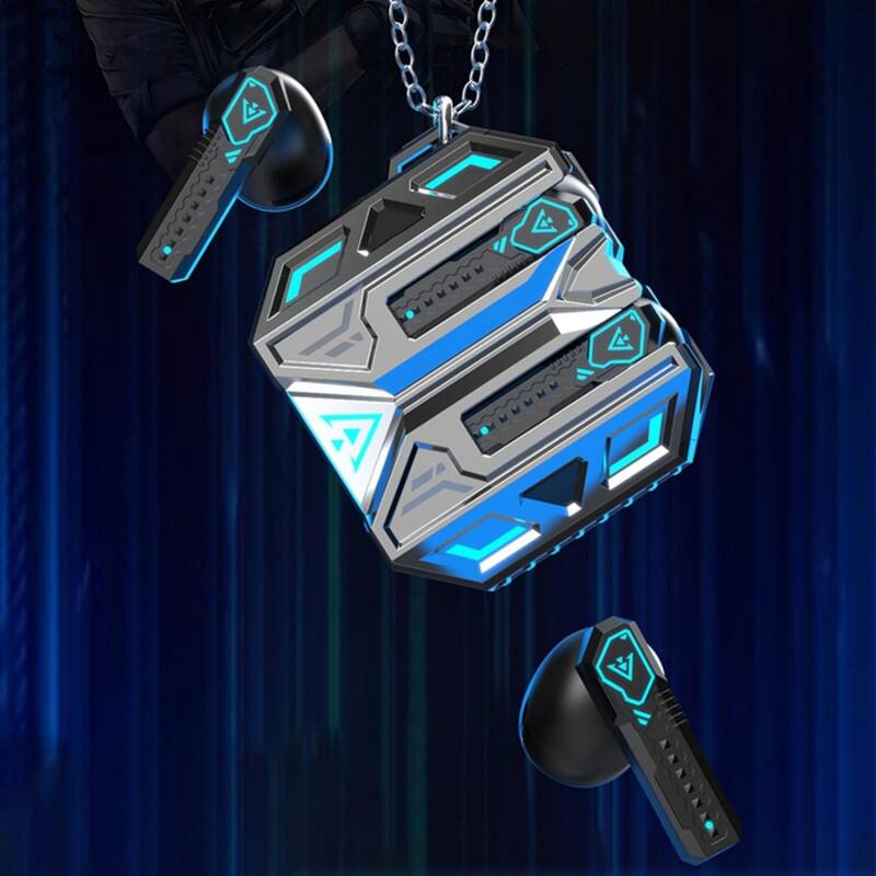 Angle. RISOKEYS - Wireless Gaming Earbuds, Noise Cancelling,Low Latency for Gamers Commuting Sports,Lightweight, Mecha Design,Slivery.