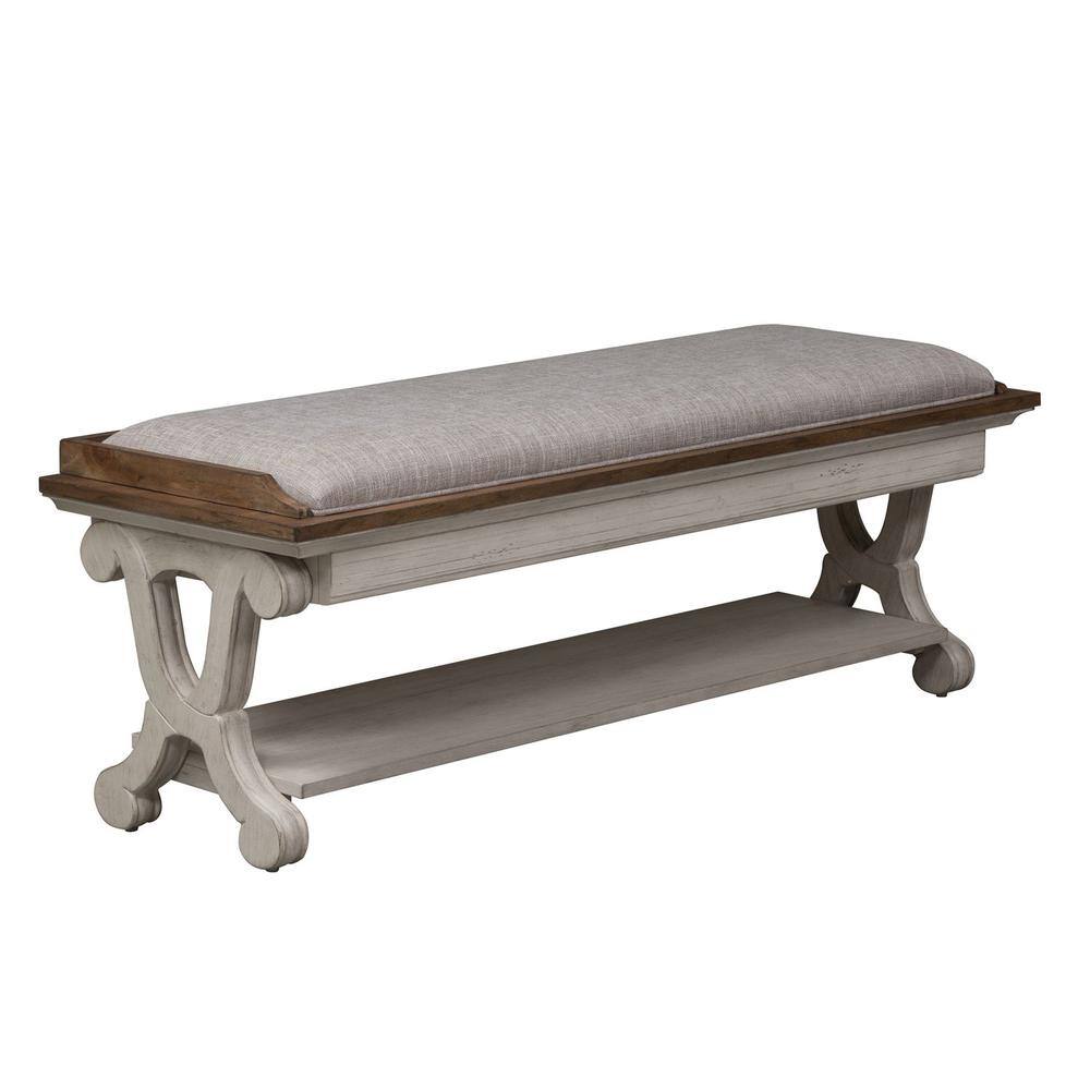 Left. Liberty Furniture Industries - Farmhouse Reimagined Bed Bench in Antique White w/ Chestnut Top - White.