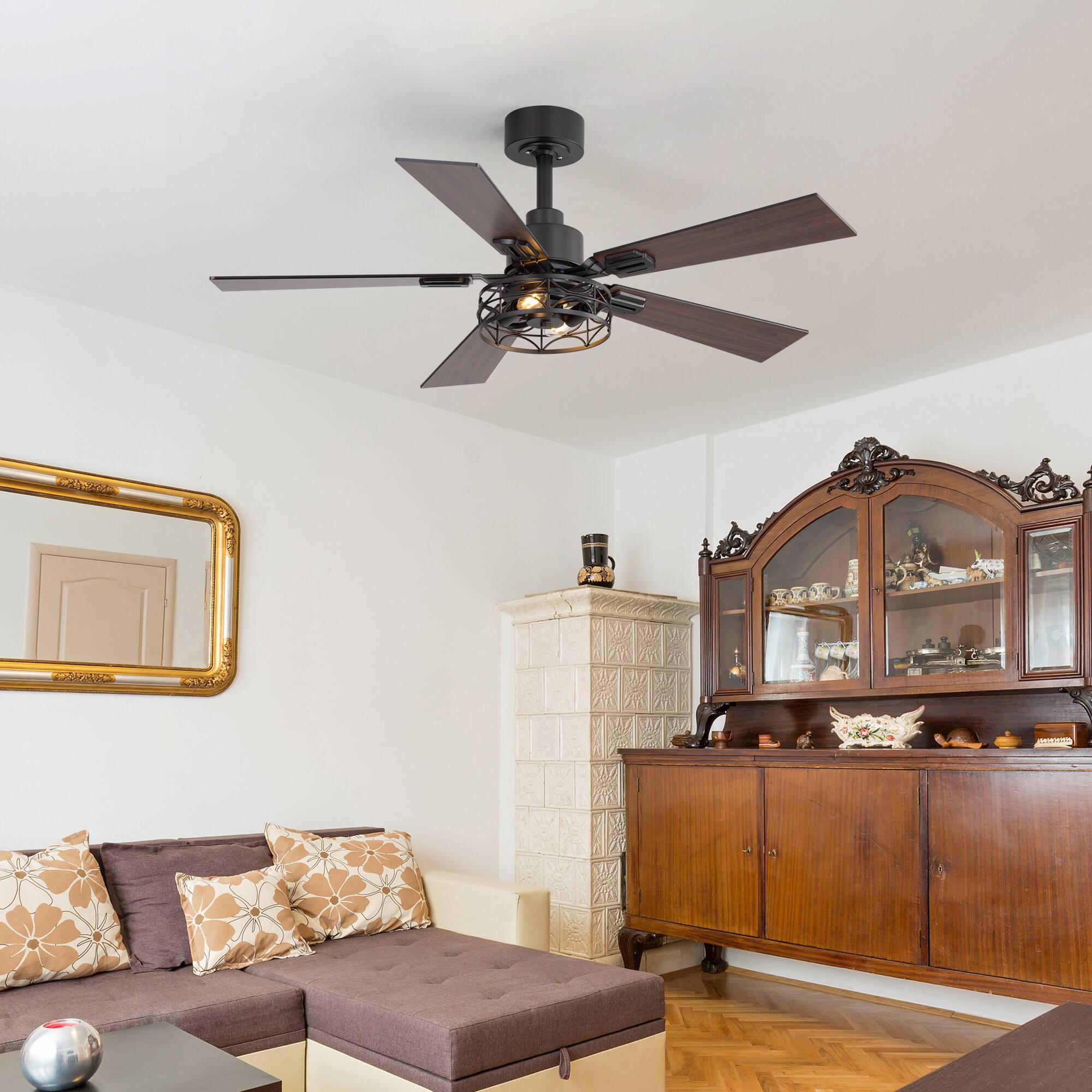 Back. Breezary - 42-In Indoor Ceiling Fan with Light Kit, 5 Plywood Blades, 6-Speed DC Motor and Remote, Timer, Memory Function(1/2 Pack) - Matte Black (1 Pack).