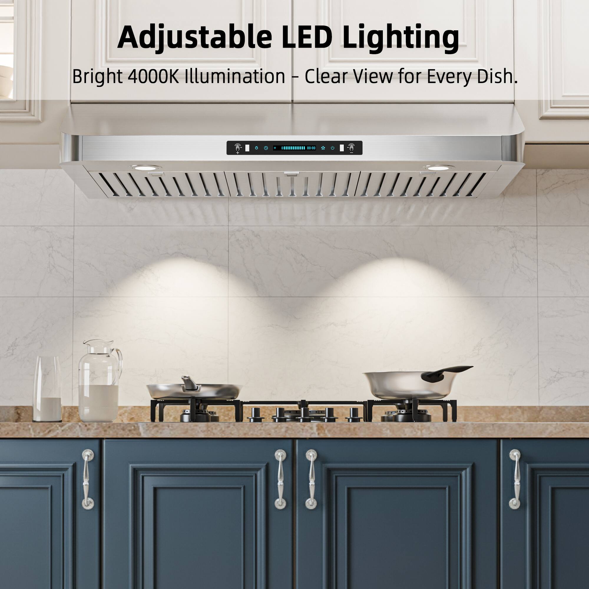 Adjustable LED Lighting  
Bright 4000K Illumination - Clear View for Every Dish.