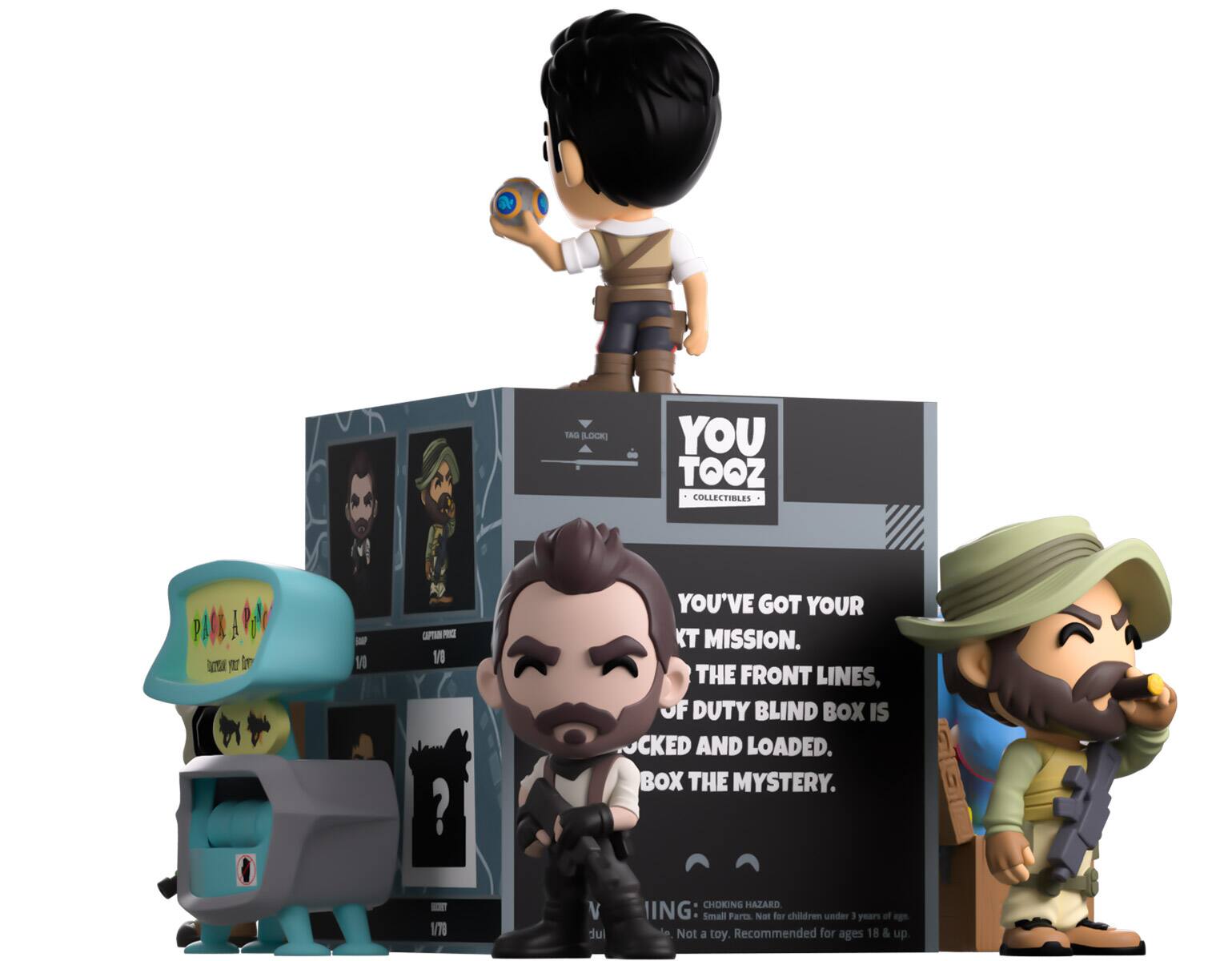 TAG [LOCK]
YOU TOOZ COLLECTIBLES

Carve your im
SOOP 1/0
CAPTAIN PRICE 1/8

YOU'VE GOT YOUR XT MISSION. THE FRONT LINES, OF DUTY BLIND BOX IS CKED AND LOADED. BOX THE MYSTERY.
SECRET 1/78

CHOKING HAZARD: Small Parts. Not for children under 3 years of age. Not a toy. Recommended for ages 18 & up.