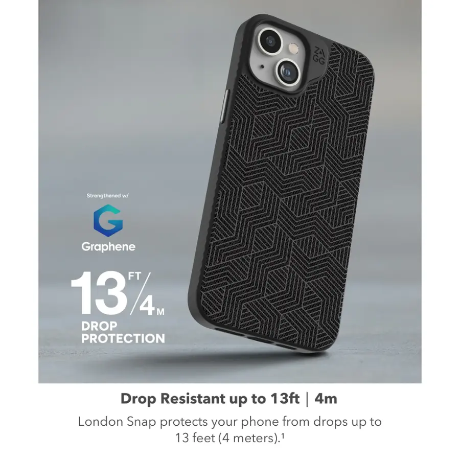 The image features a close-up of a black cell phone case with a drop protection feature. The case is advertised to be drop resistant up to 13 feet or 4 meters, providing protection for the phone from potential damage due to falls. The case is made of a strong material, possibly graphene, to ensure durability and protection for the phone. The advertisement emphasizes the importance of protecting one's phone from drops and accidents, making it a practical and reliable choice for phone users.