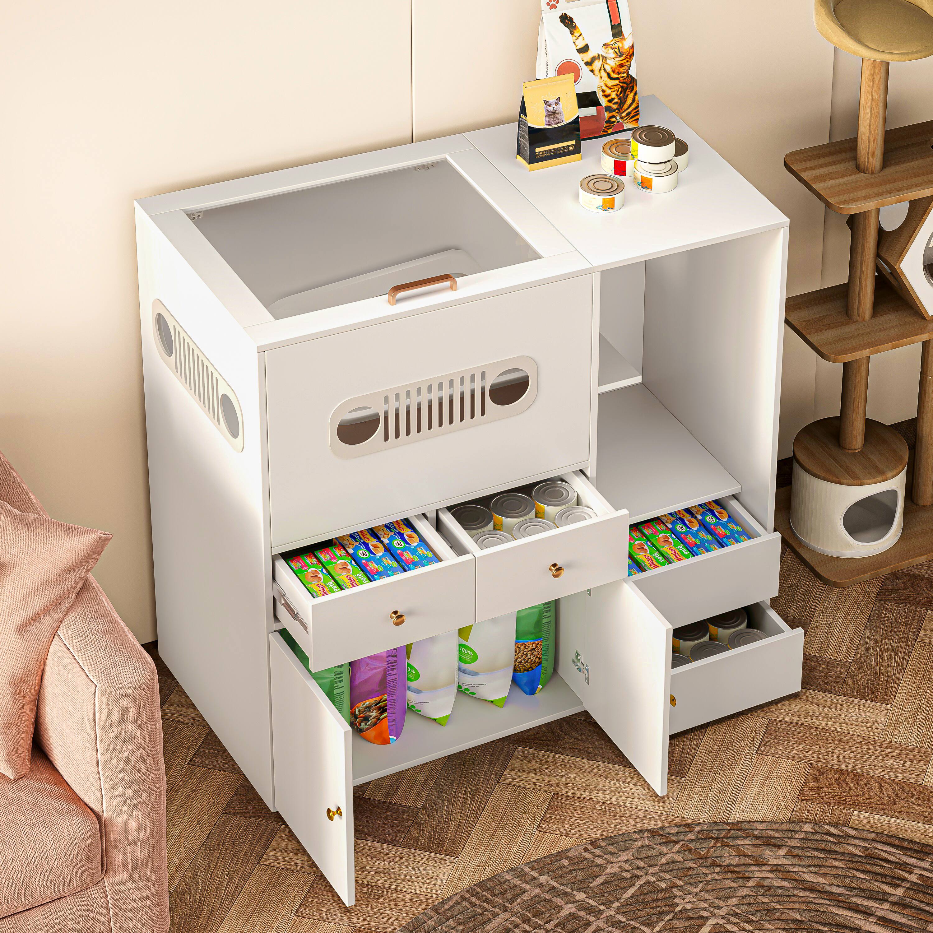 Alt View 2. MSOOB - 40.2'' W Top Entry Cat Litter Box Enclosure Furniture Style, Hidden Glass Cat Cabinet Pet House - White.