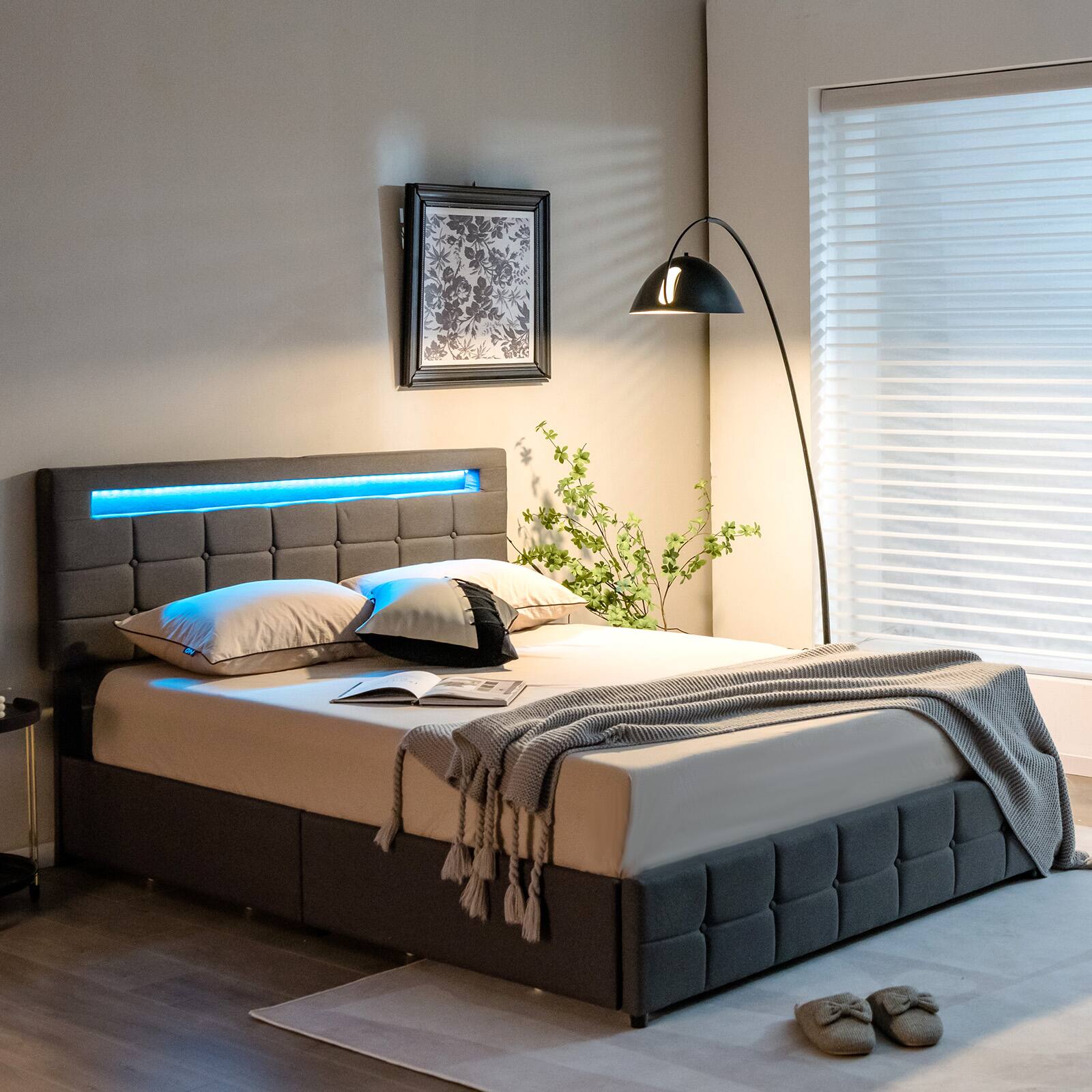 Alt View 1. Costway - Costway Upholstered Queen LED Lights Bed Headboard Drawers Solid Wooden Slat Platform - Gray.