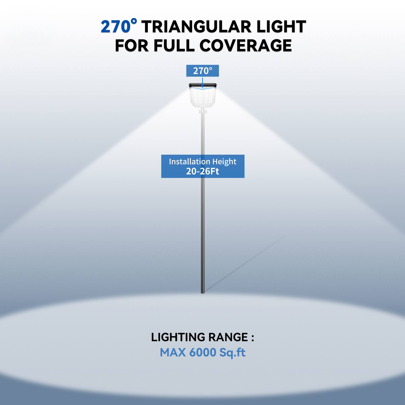 270° TRIANGULAR LIGHT FOR FULL COVERAGE

270°

Installation Height 20-26Ft

LIGHTING RANGE: MAX 6000 Sq.ft