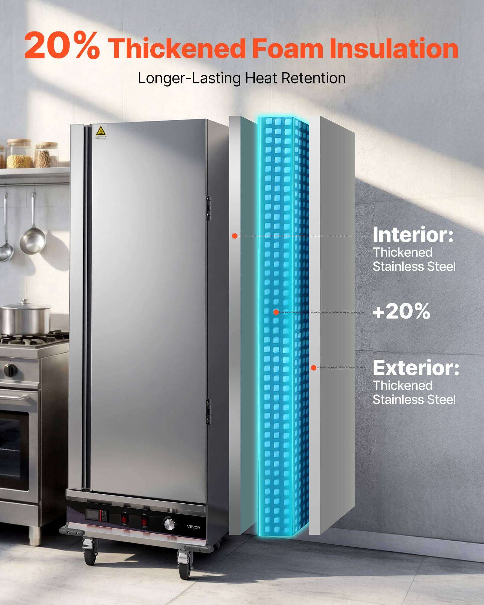 20% Thickened Foam Insulation Longer-Lasting Heat Retention

Interior: Thickened Stainless Steel

+20%

Exterior: Thickened Stainless Steel

VEVOR