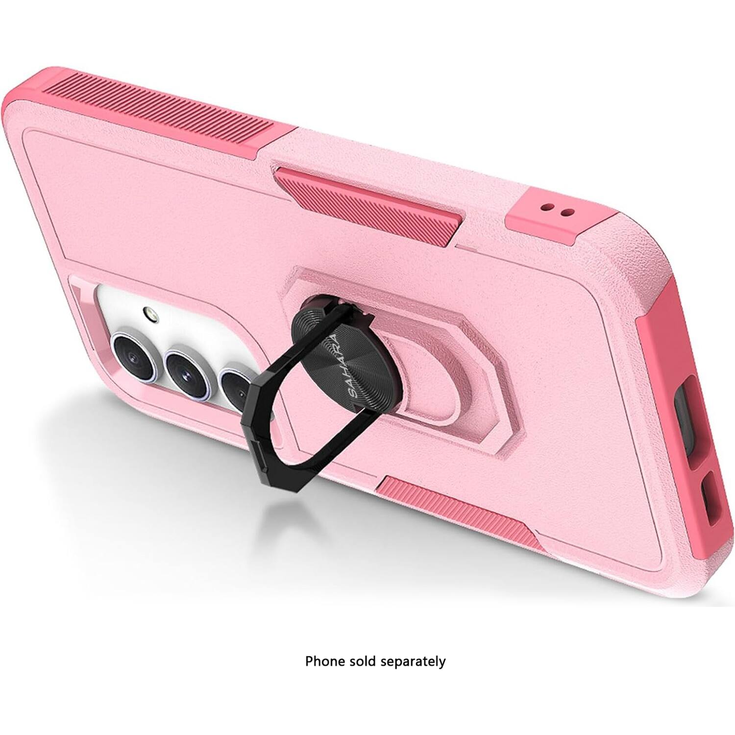 The image shows a pink cell phone with a case on it. The case has a strap that goes through the phone, and there are three cameras on the front of the phone. The phone is sold separately, as indicated by the text.