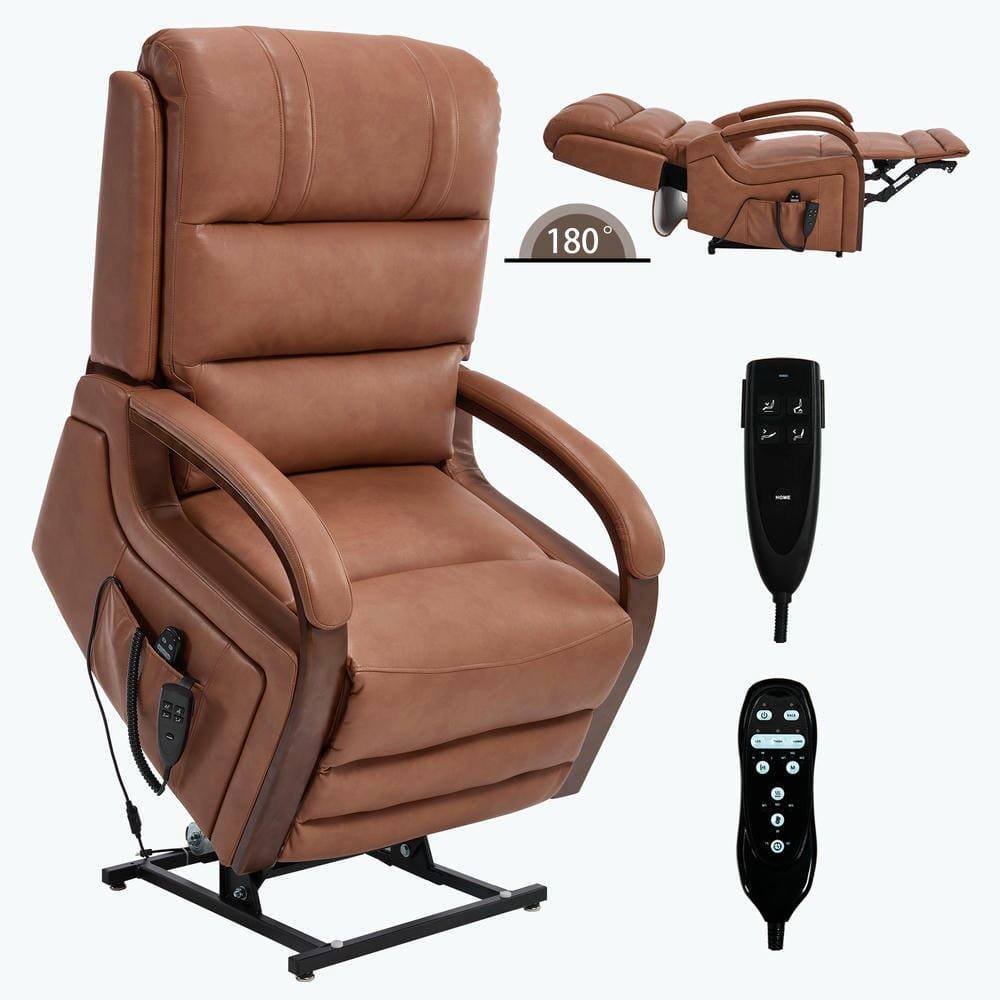 Back. Kadyn - Dual Motor Power Lift Recliner, 8-Point Massage & Heat, Solid Wood Armrests, 350lb Capacity, Orange - Orange.