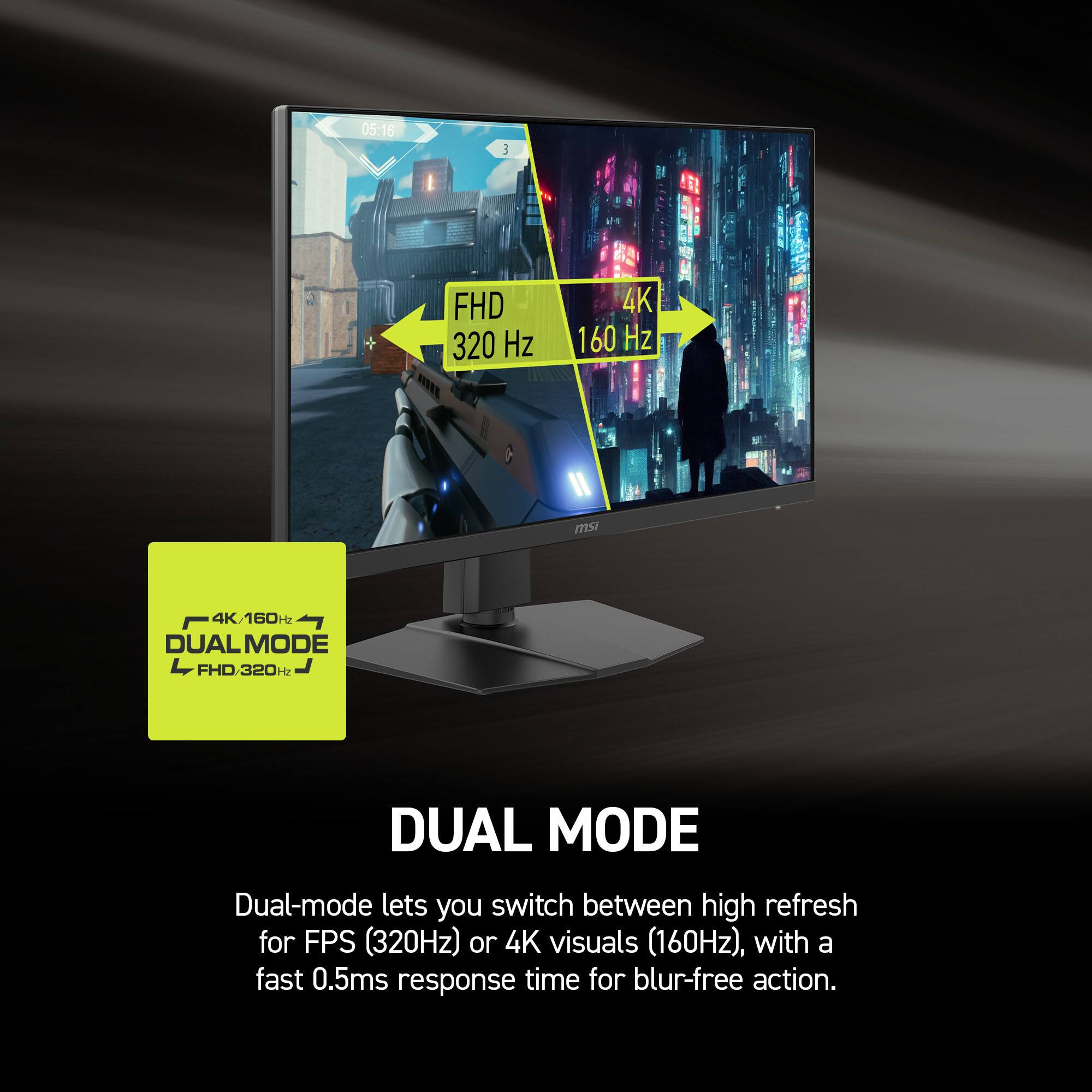 DUAL MODE FHD/320Hz fr DUAL MODE Dual-mode lets you switch between high refresh for FPS (320Hz) or 4K visuals (160Hz), with a fast 0.5ms response time for blur-free action.