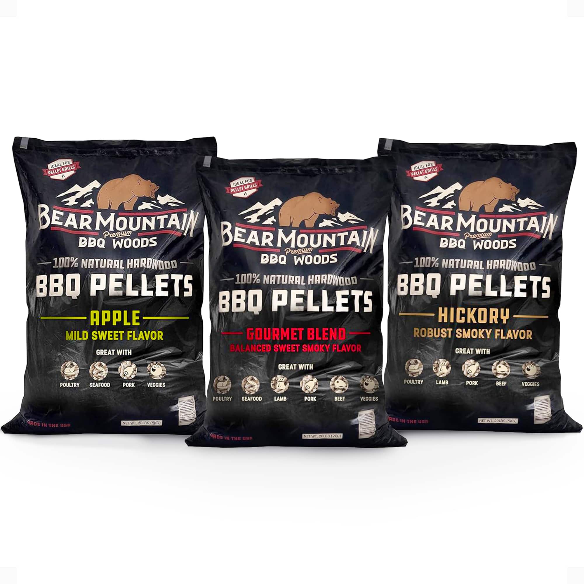 Bear Mountain BBQ - Hardwood Gourmet Blend, Hickory, & Apple Pellets, 20 Lb Bags - Brown