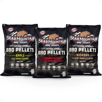 BEAR MOUNTAIN BBQ WOODS
100% NATURAL HARDWOOD BBQ PELLETS
APPLE
MILD SWEET FLAVOR
GREAT WITH: POULTRY, SEAFOOD, PORK, VEGGIES
GOURMET BLEND
BALANCED SWEET SMOKY FLAVOR
GREAT WITH: POULTRY, SEAFOOD, LAMB, PORK, VEGGIES
HICKORY
ROBUST SMOKY FLAVOR
GREAT WITH: POULTRY, LAMB, PORK, BEEF, VEGGIES
MADE IN THE USA
NET WT. 20 LBS (9.07 KG)