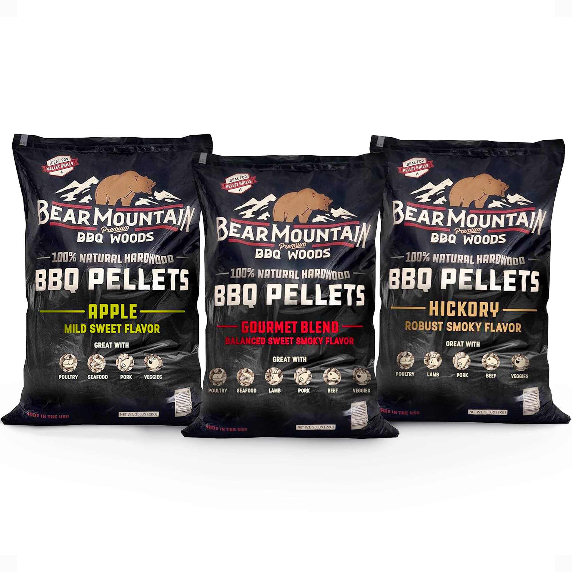 BEAR MOUNTAIN BBQ WOODS  
100% NATURAL HARDWOOD BBQ PELLETS  

APPLE  
MILD SWEET FLAVOR  
GREAT WITH: POULTRY, SEAFOOD, PORK, VEGGIES  

GOURMET BLEND  
BALANCED SWEET SMOKY FLAVOR  
GREAT WITH: POULTRY, SEAFOOD, LAMB, PORK, VEGGIES  

HICKORY  
ROBUST SMOKY FLAVOR  
GREAT WITH: POULTRY, LAMB, PORK, BEEF, VEGGIES  

MADE IN THE USA  

NET WT. 20 LBS (9.07 KG)