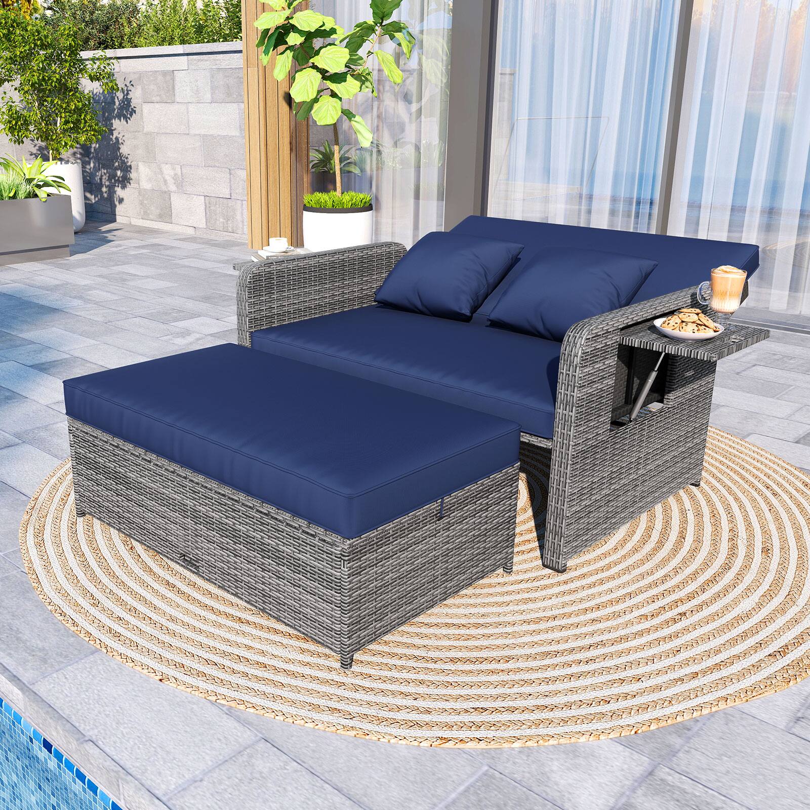 Alt View 1. Gymax - Gymax Rattan Daybed Wicker Loveseat Sofa Set w/ Ottoman & Retractable Side Tray Patio Navy - Navy.