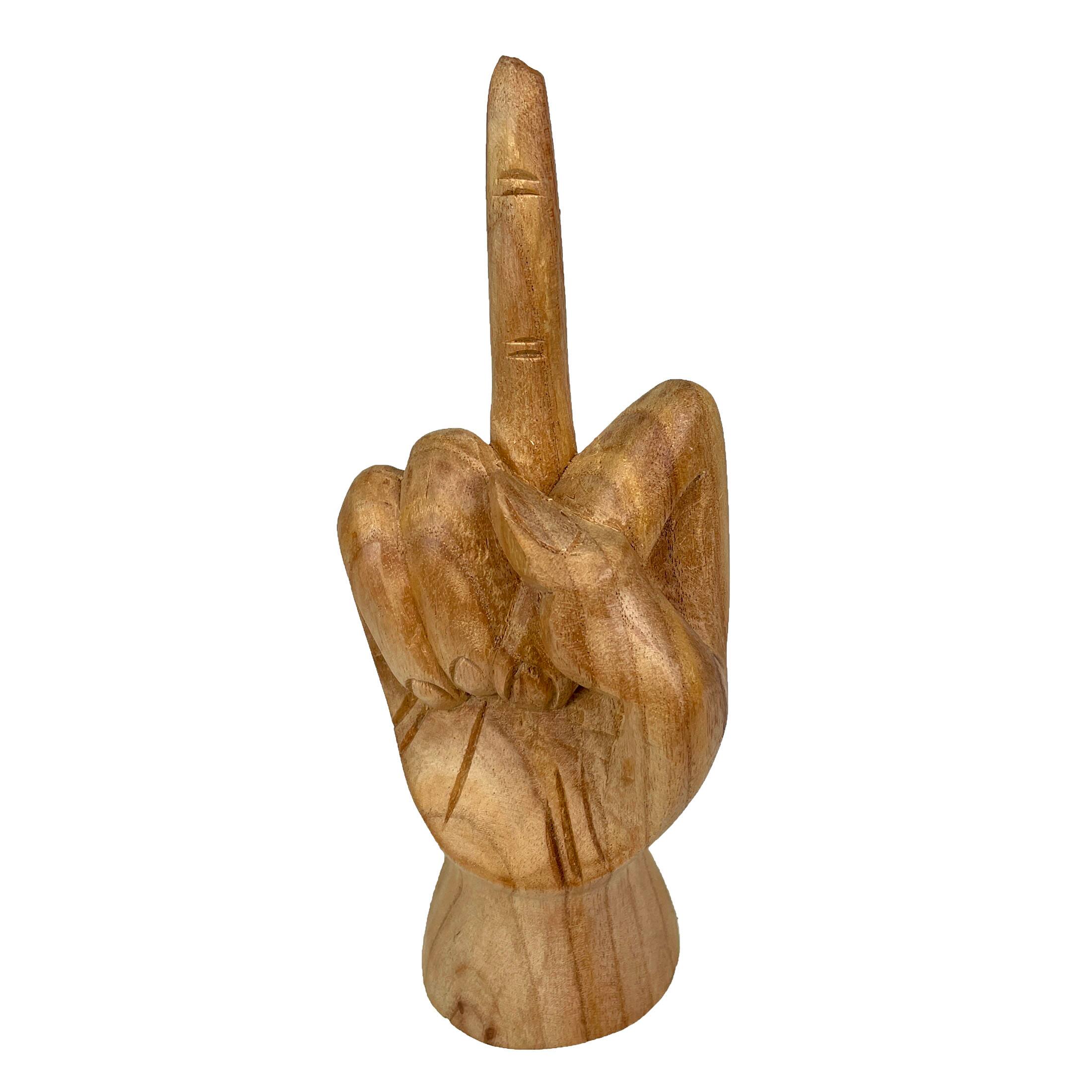 Alt View 8. Zeckos - Carved Wooden Flipping The Bird Hand Gesture Statue Natural Finish Home Decor - Brown.