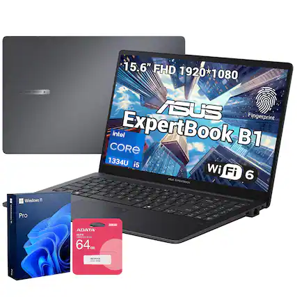 ASUS ExpertBook B1
Windows 11 Pro
15.6" FHD 1920*1080
Intel Core i5 1334U
Fingerprint
Wi-Fi 6
ADATA 64GB USB Flash Drive