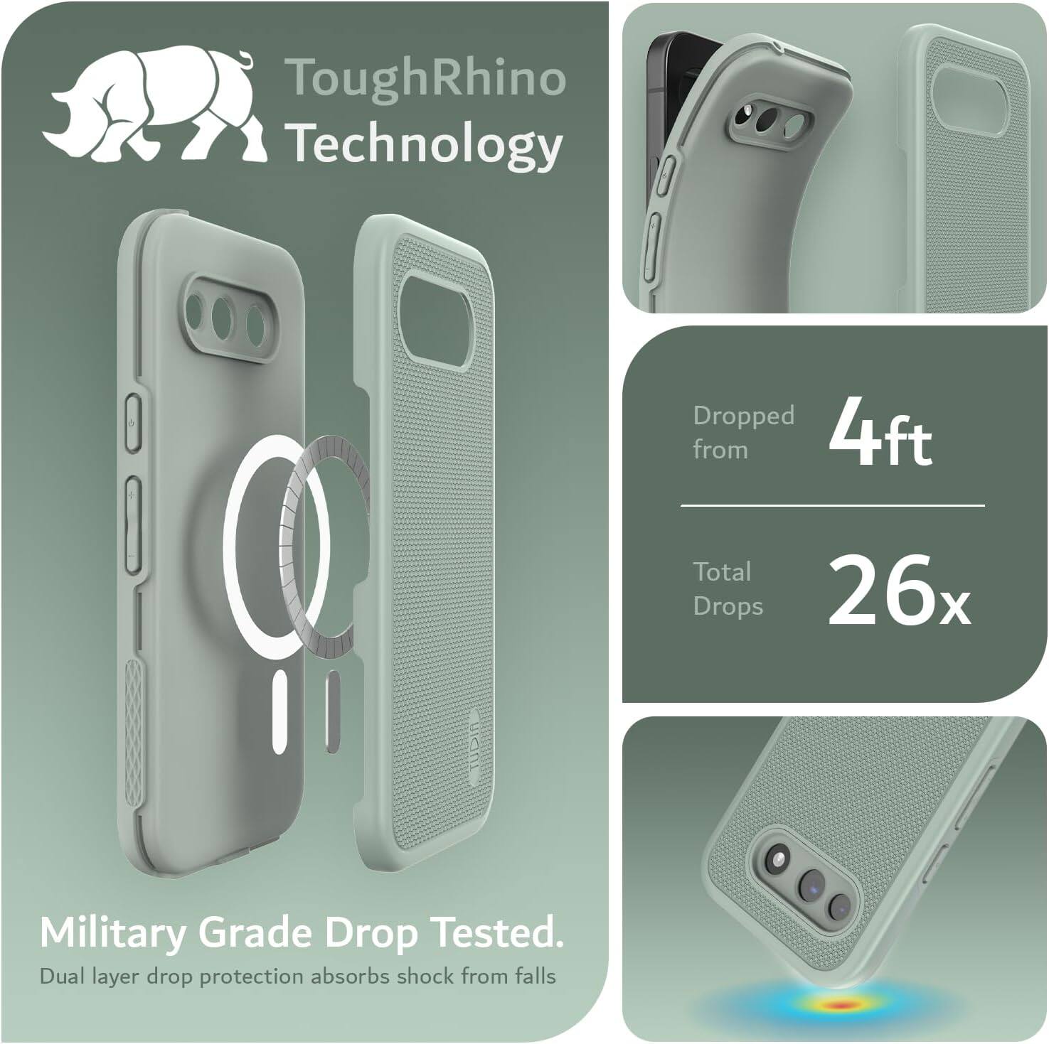 ToughRhino Technology

Dropped from 4ft  
Total Drops 26x

Military Grade Drop Tested.  
Dual layer drop protection absorbs shock from falls