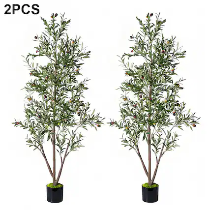 Front. NOVAROOT - 2 Pack - 6FT Artificial Olive Trees Indoor Tall Faux Olive Tree with Lights Moss and Planter for Home Decor - Green.