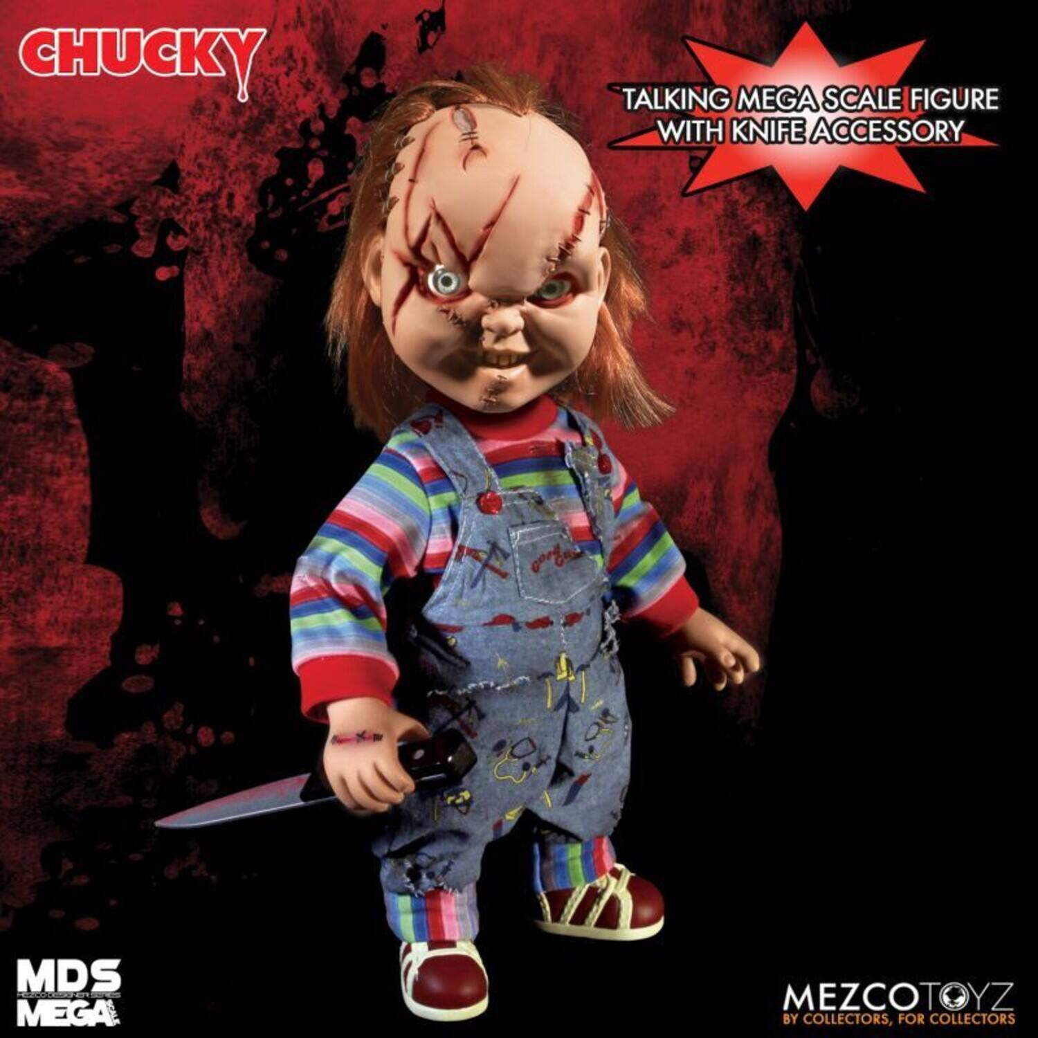 CHUCKY  
TALKING MEGA SCALE FIGURE WITH KNIFE ACCESSORY  
MDS MEGA  
MEZCOTOYZ  
BY COLLECTORS, FOR COLLECTORS