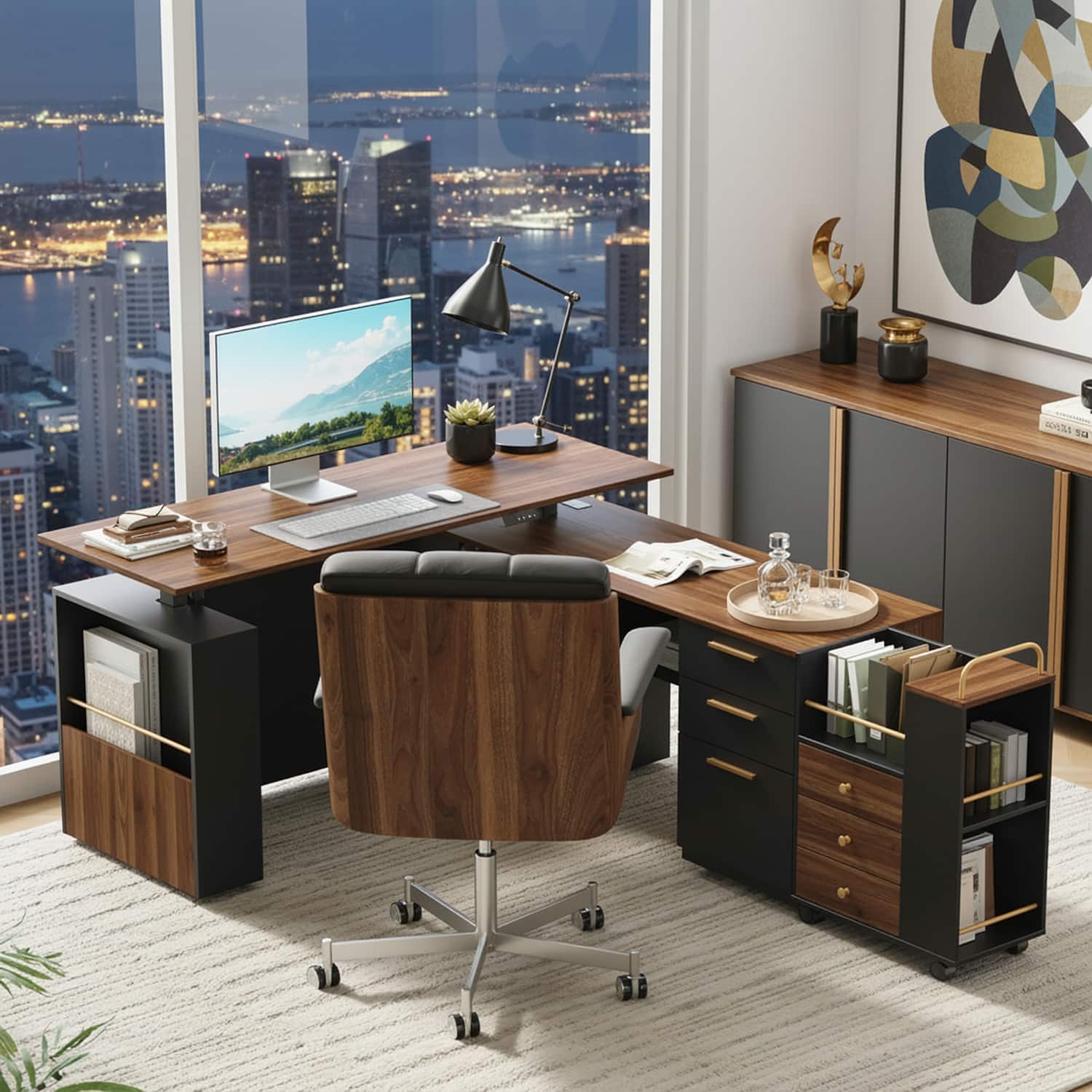 63" Standing Desk with File Cabinet, Privacy Panel, AC/USB, 1.18" Desktop, Executive L Shaped Height Adjustable Electric Stand Up Desk, Home Office Table with 3 Drawers, Black Walnut